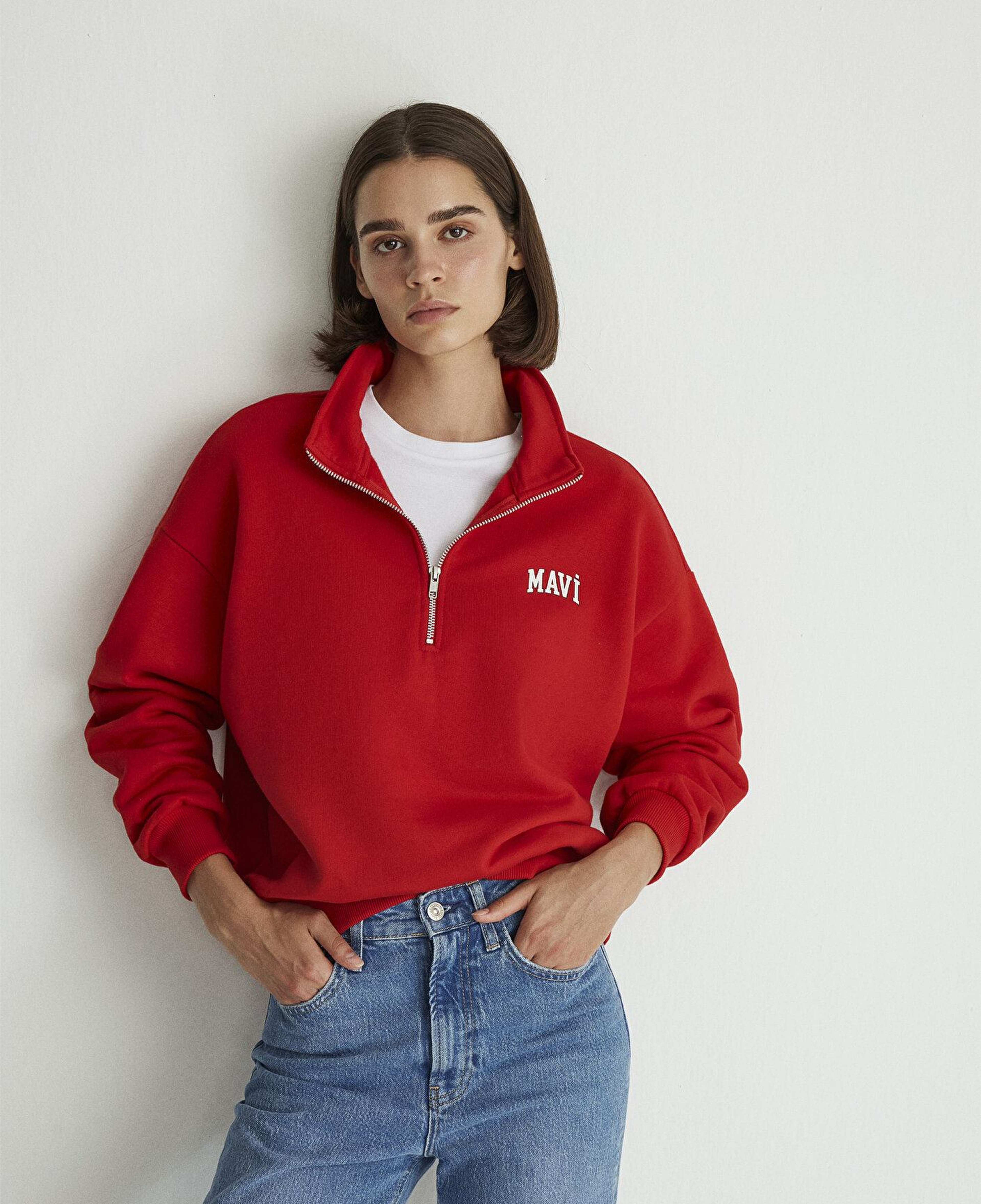 Mavi Mavi Logo Baskılı Yarı Fermuarlı Kırmızı Sweatshirt 1S10179-86417