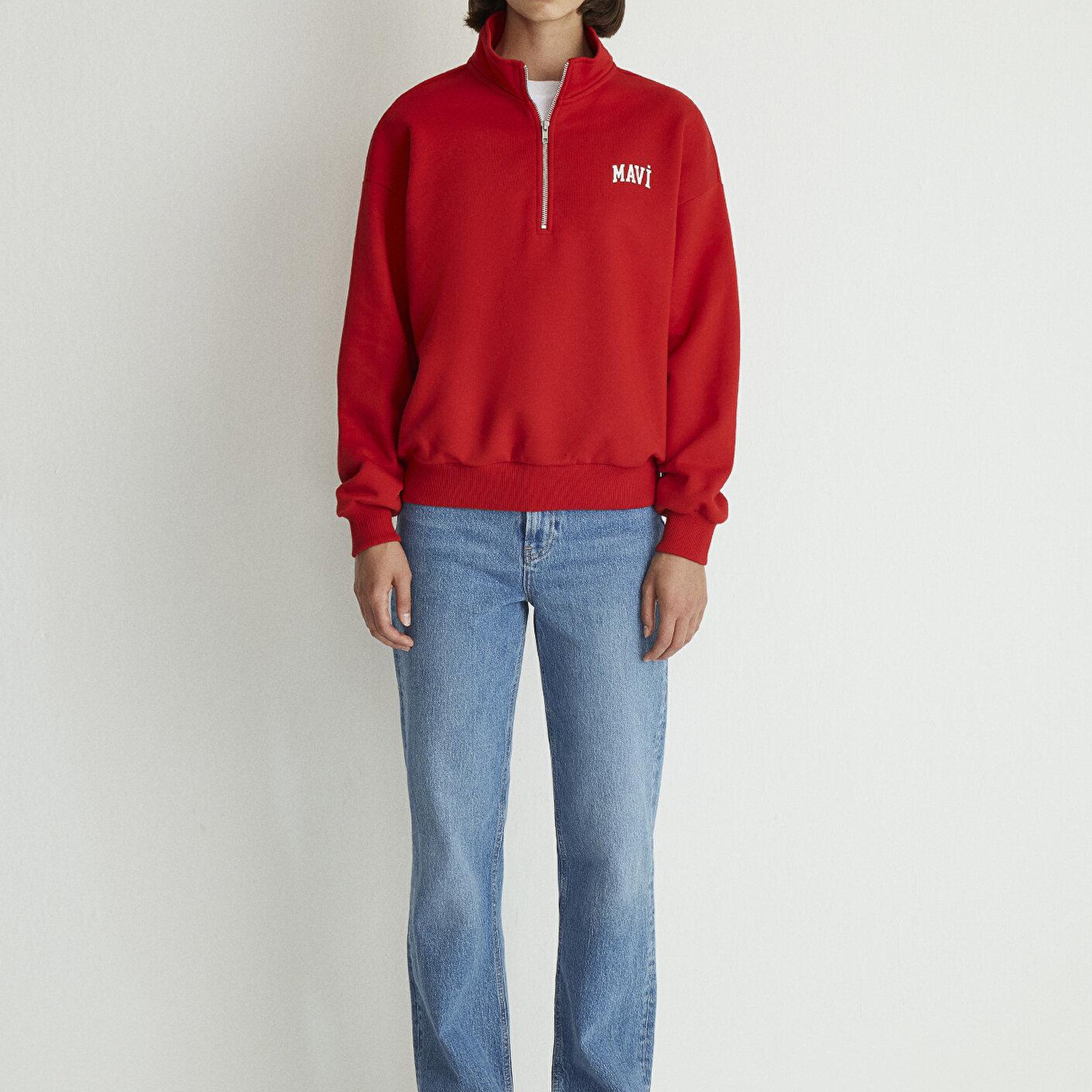 Mavi Mavi Logo Baskılı Yarı Fermuarlı Kırmızı Sweatshirt 1S10179-86417