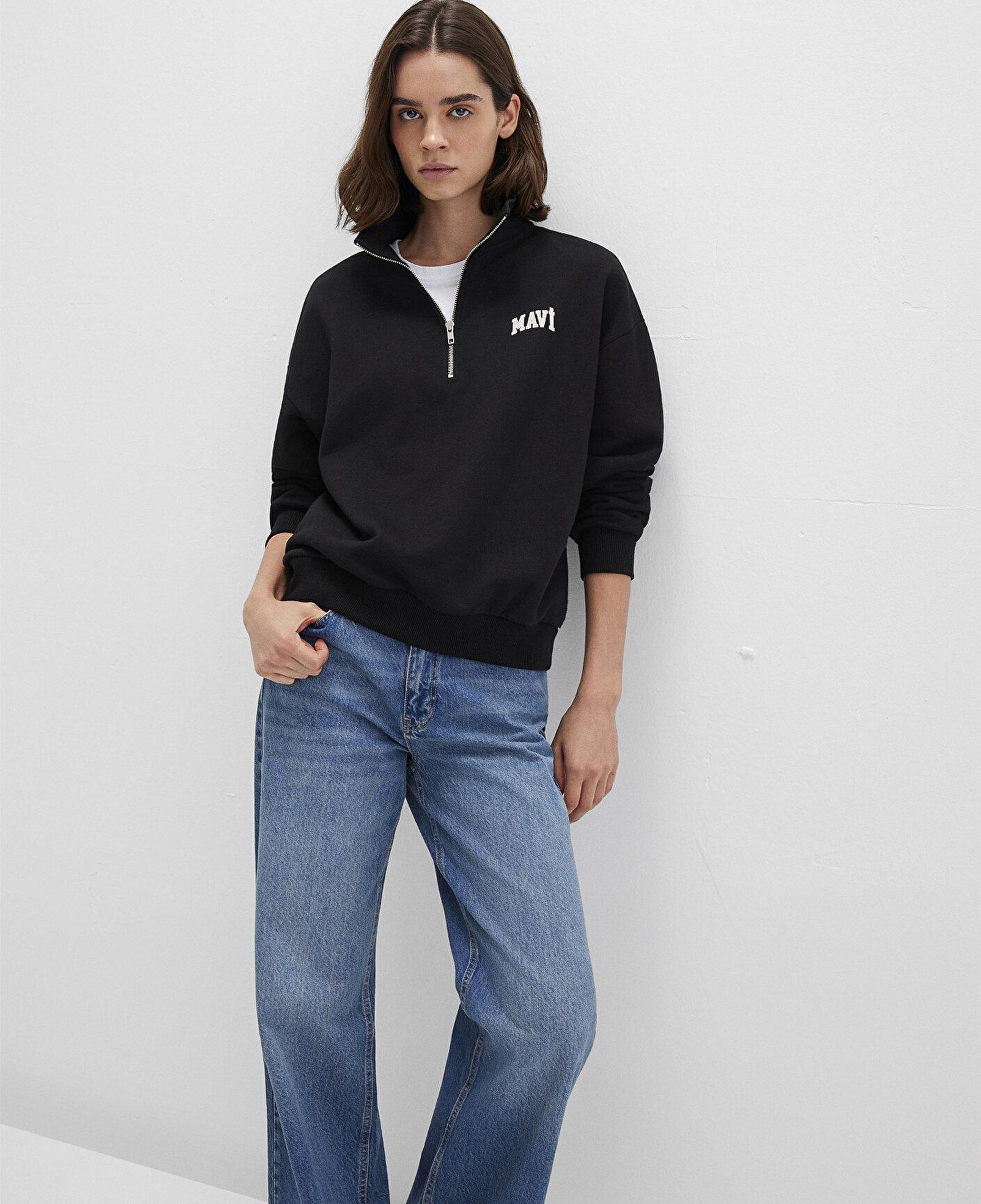 Mavi Mavi Logo Baskılı Yarı Fermuarlı Siyah Sweatshirt 1S10179-900