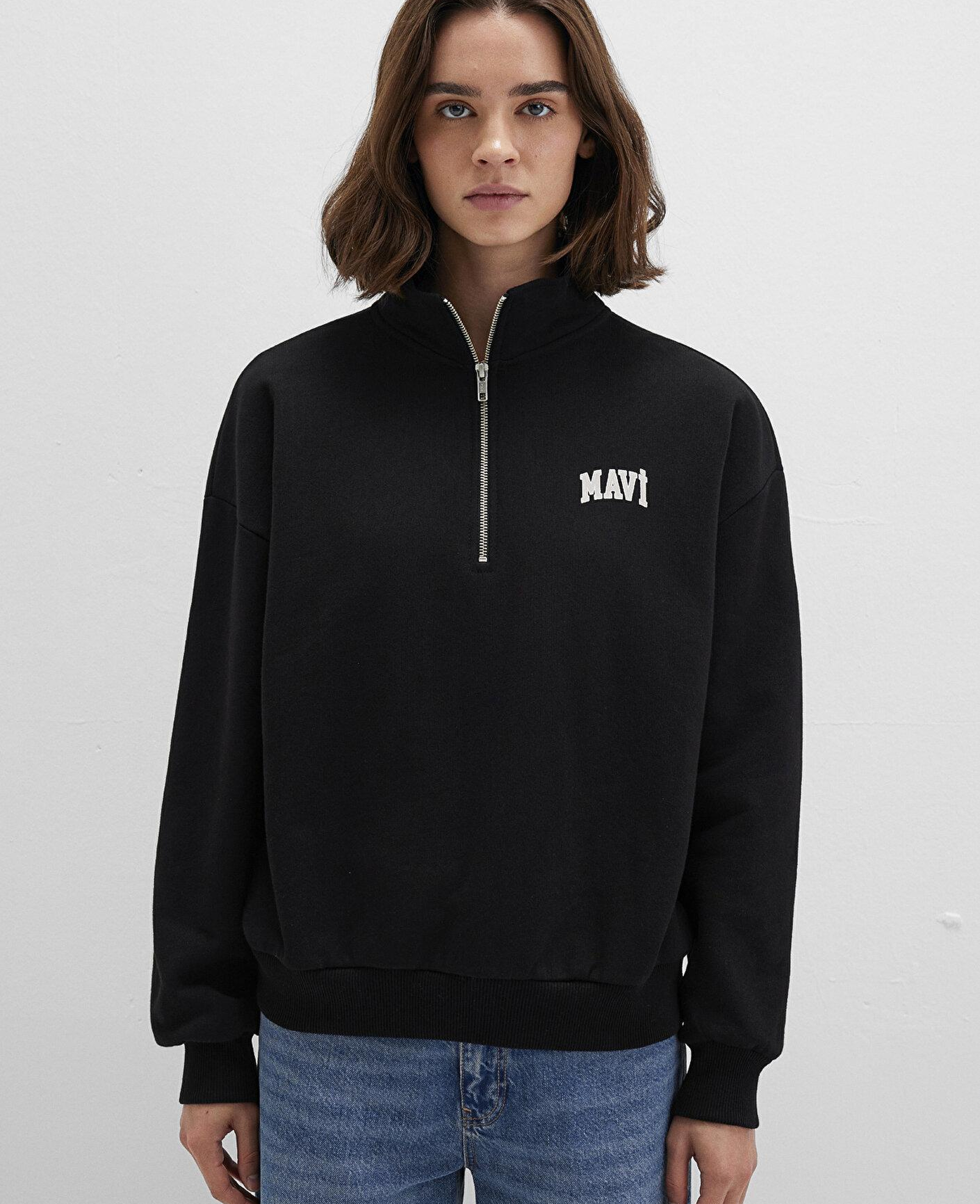Mavi Mavi Logo Baskılı Yarı Fermuarlı Siyah Sweatshirt 1S10179-900