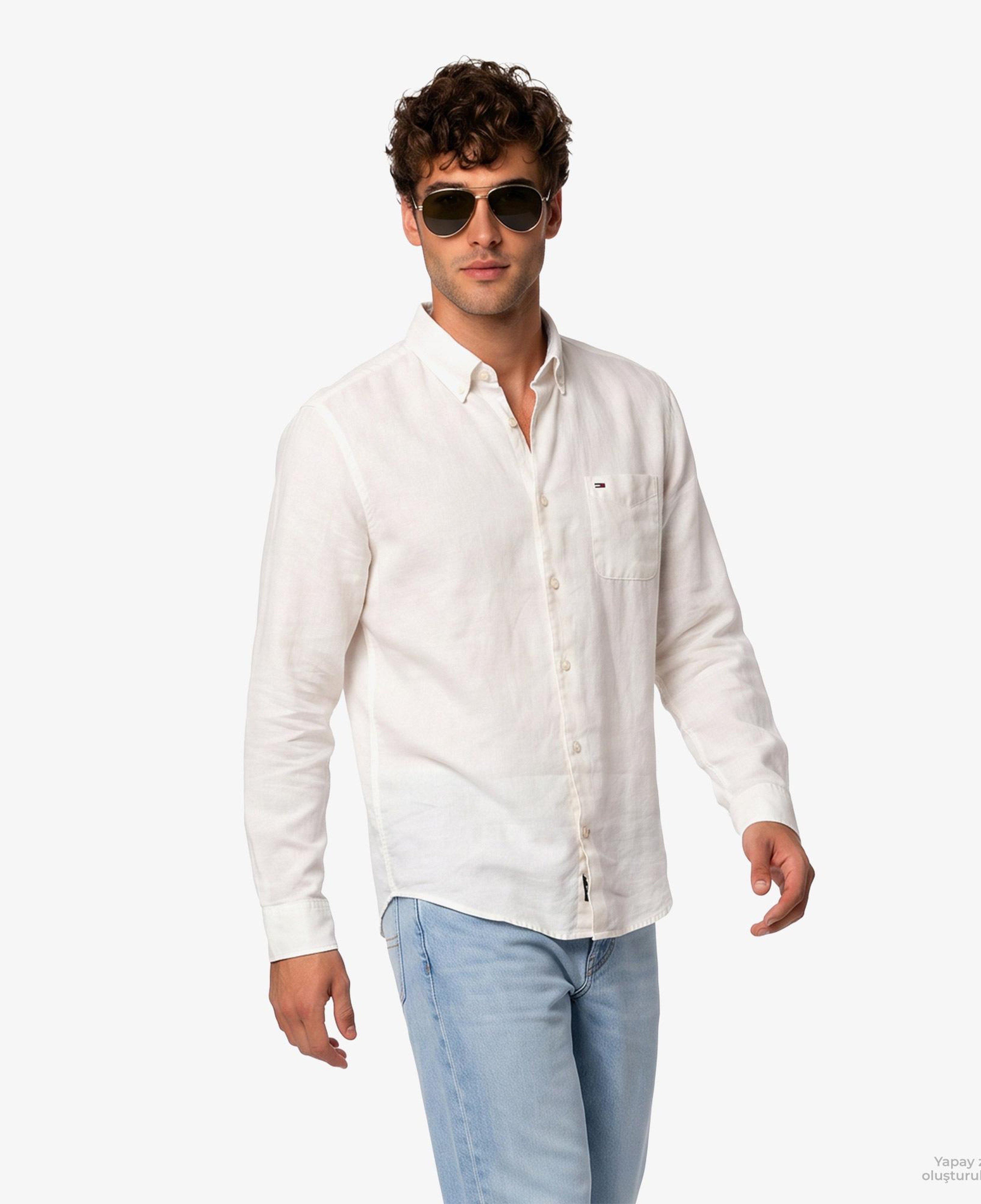 Tommy Hilfiger Erkek Beyaz Keten Gömlek