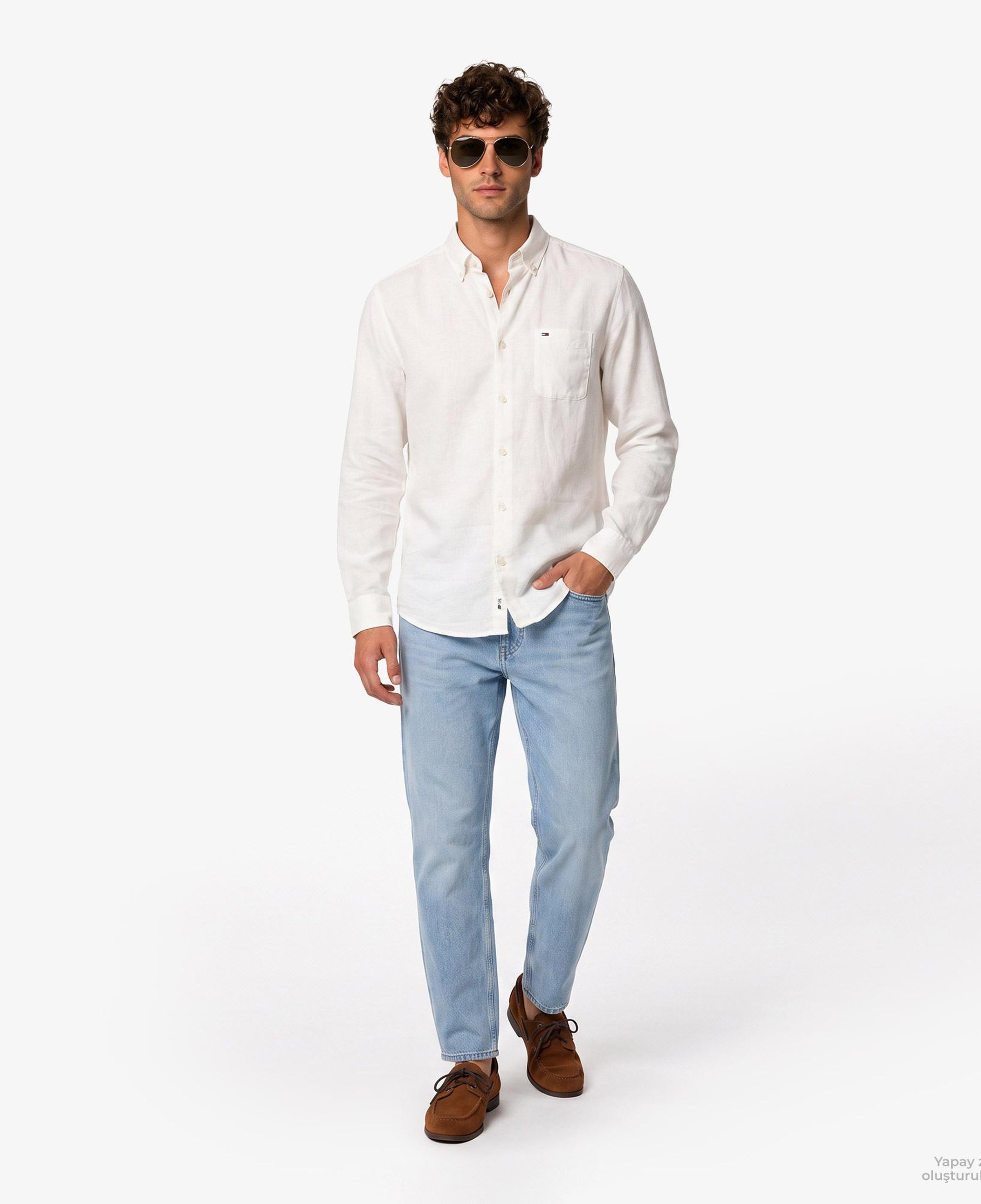 Tommy Hilfiger Erkek Beyaz Keten Gömlek