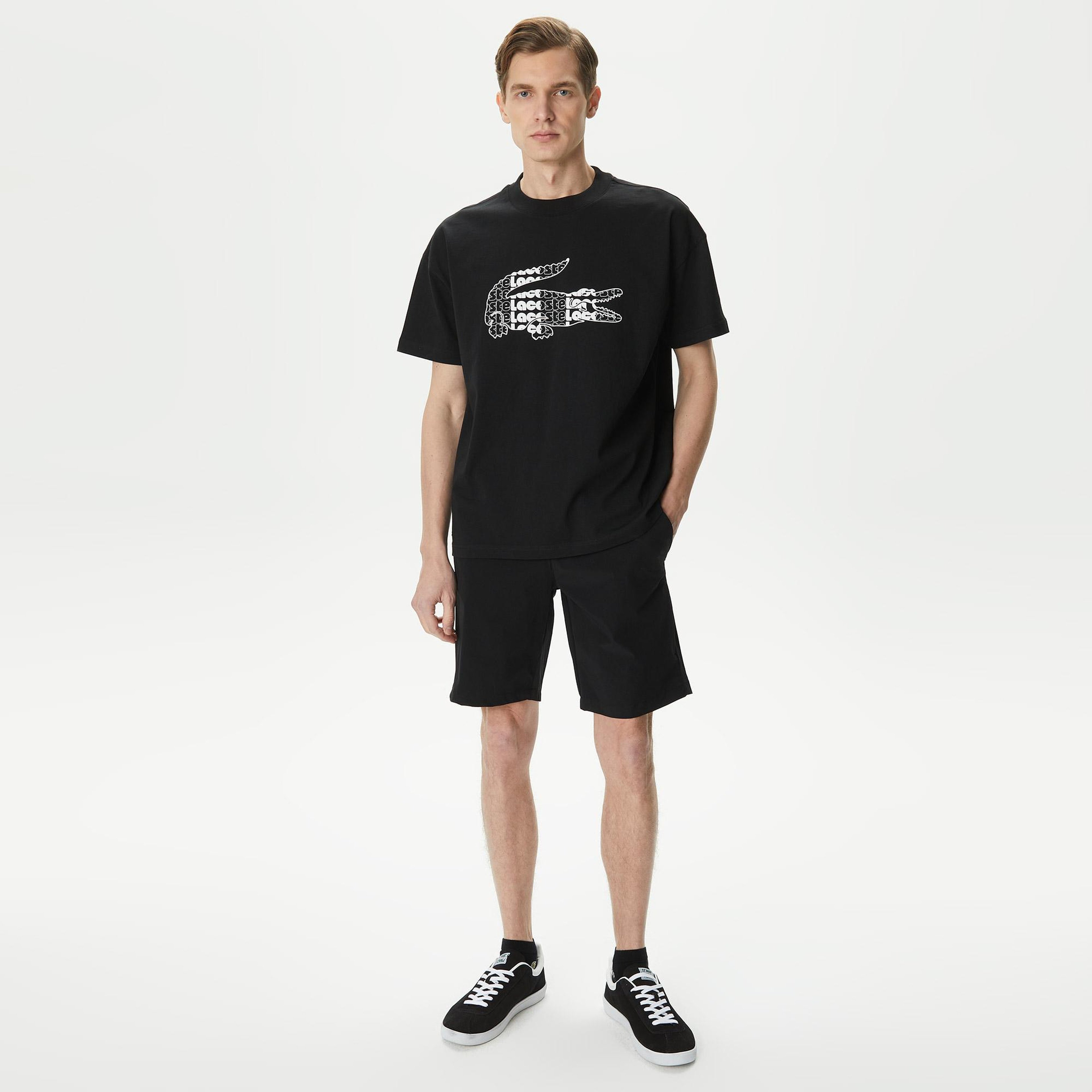 Lacoste Erkek Relaxed Fit Bisiklet Yaka Baskılı Siyah T-Shirt