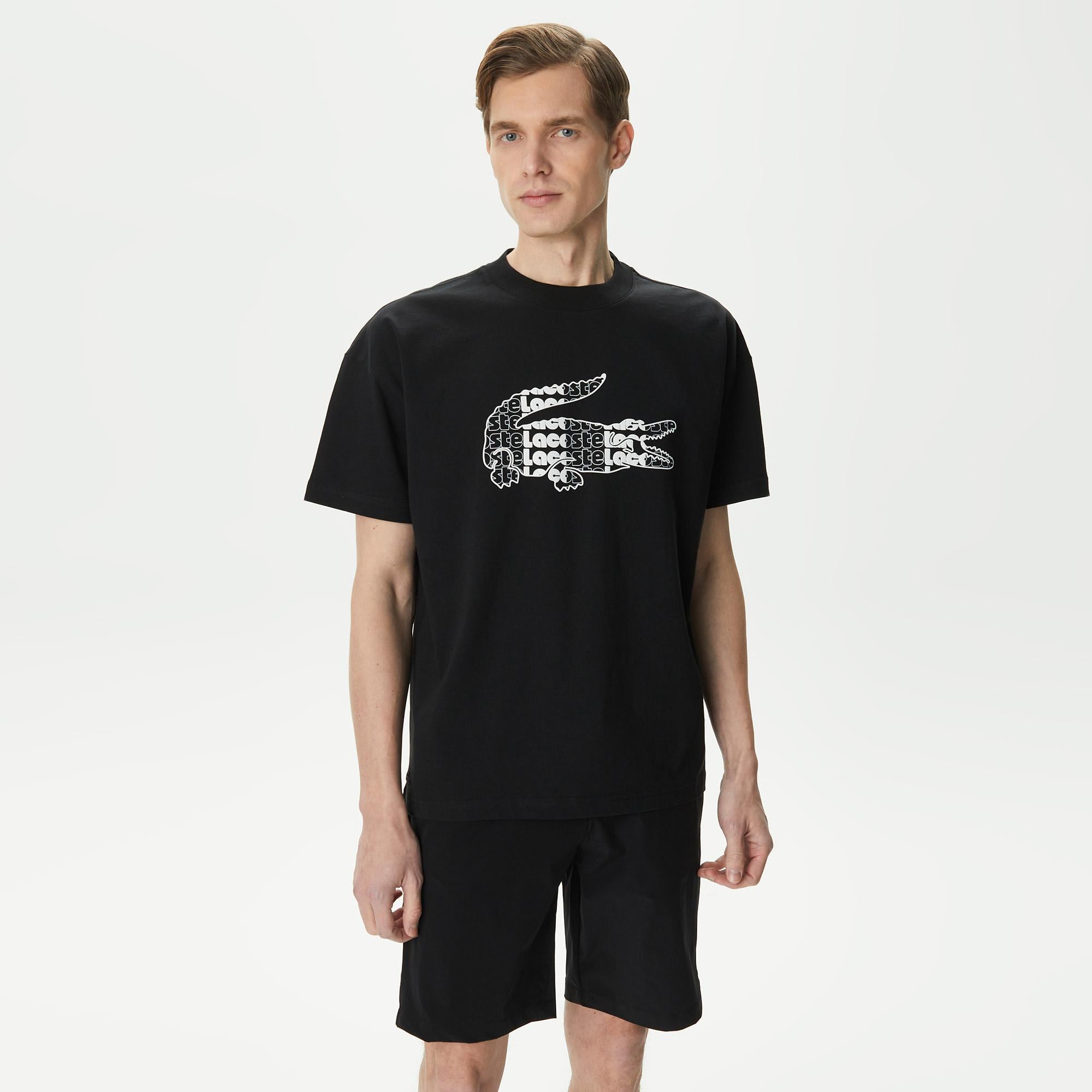 Erkek Relaxed Fit Bisiklet Yaka Baskılı Siyah T-Shirt