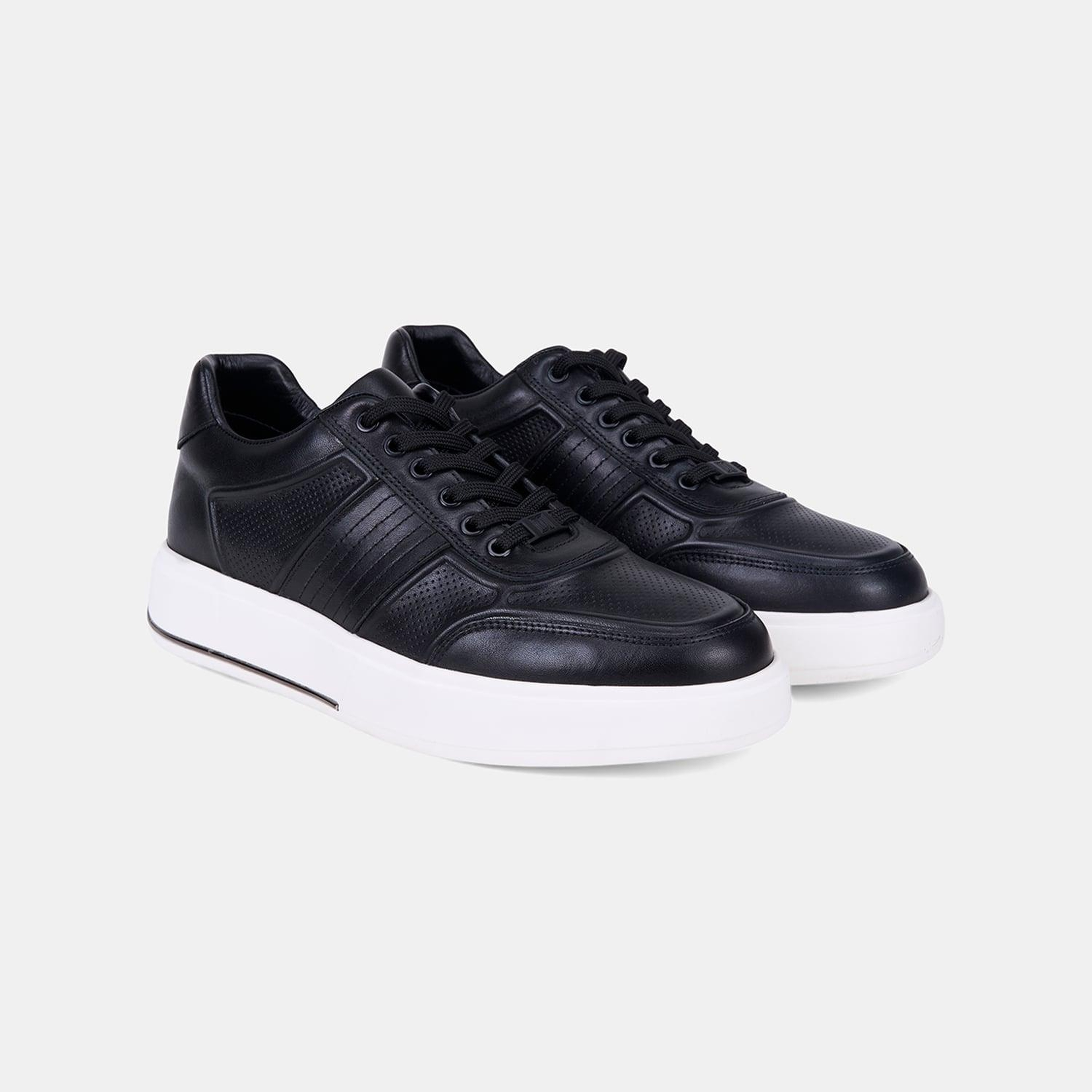 Erkek Siyah DesaComfort Bağcıklı Beyaz Tabanlı Deri Sneaker