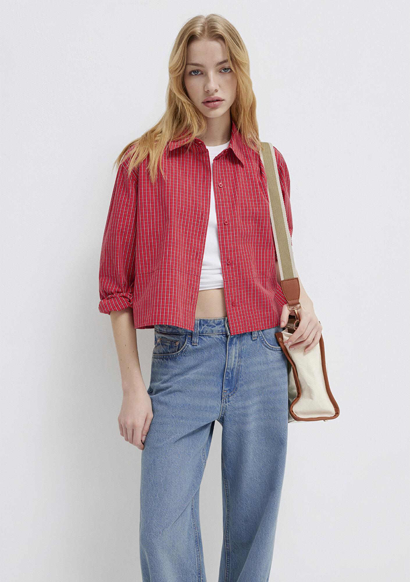 Mavi Ekose Kırmızı Crop Gömlek Loose Fit / Bol Rahat Kesim 1211401-83904
