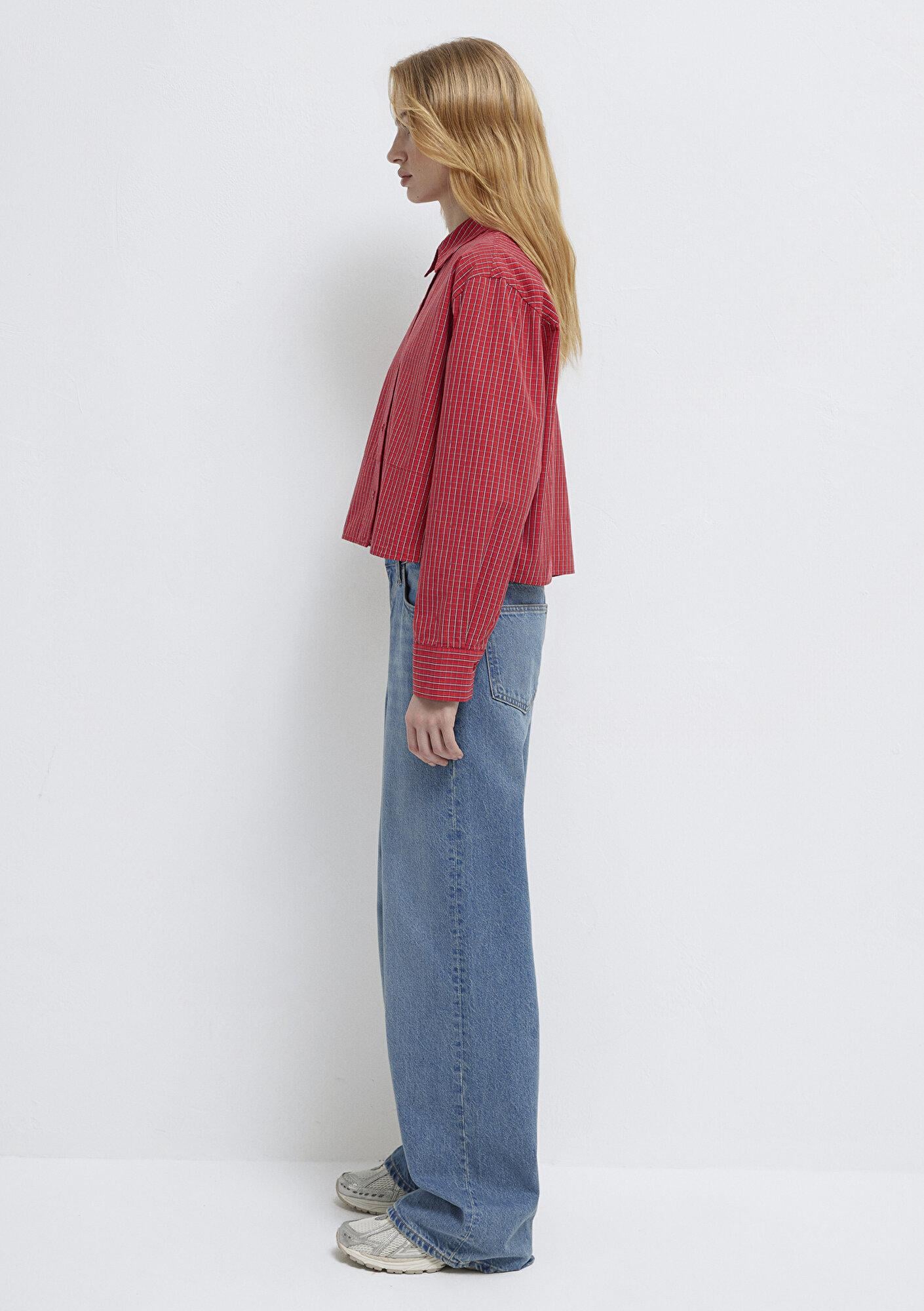 Mavi Ekose Kırmızı Crop Gömlek Loose Fit / Bol Rahat Kesim 1211401-83904
