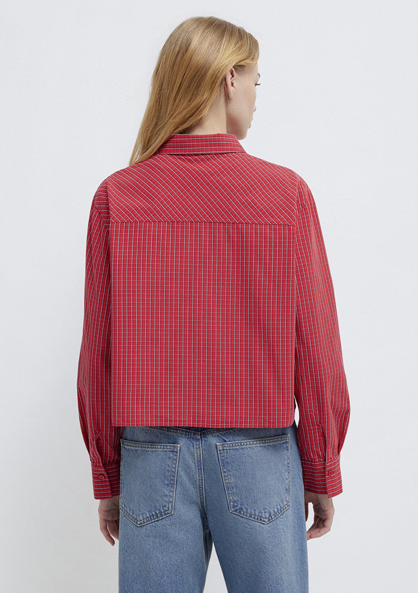 Mavi Ekose Kırmızı Crop Gömlek Loose Fit / Bol Rahat Kesim 1211401-83904