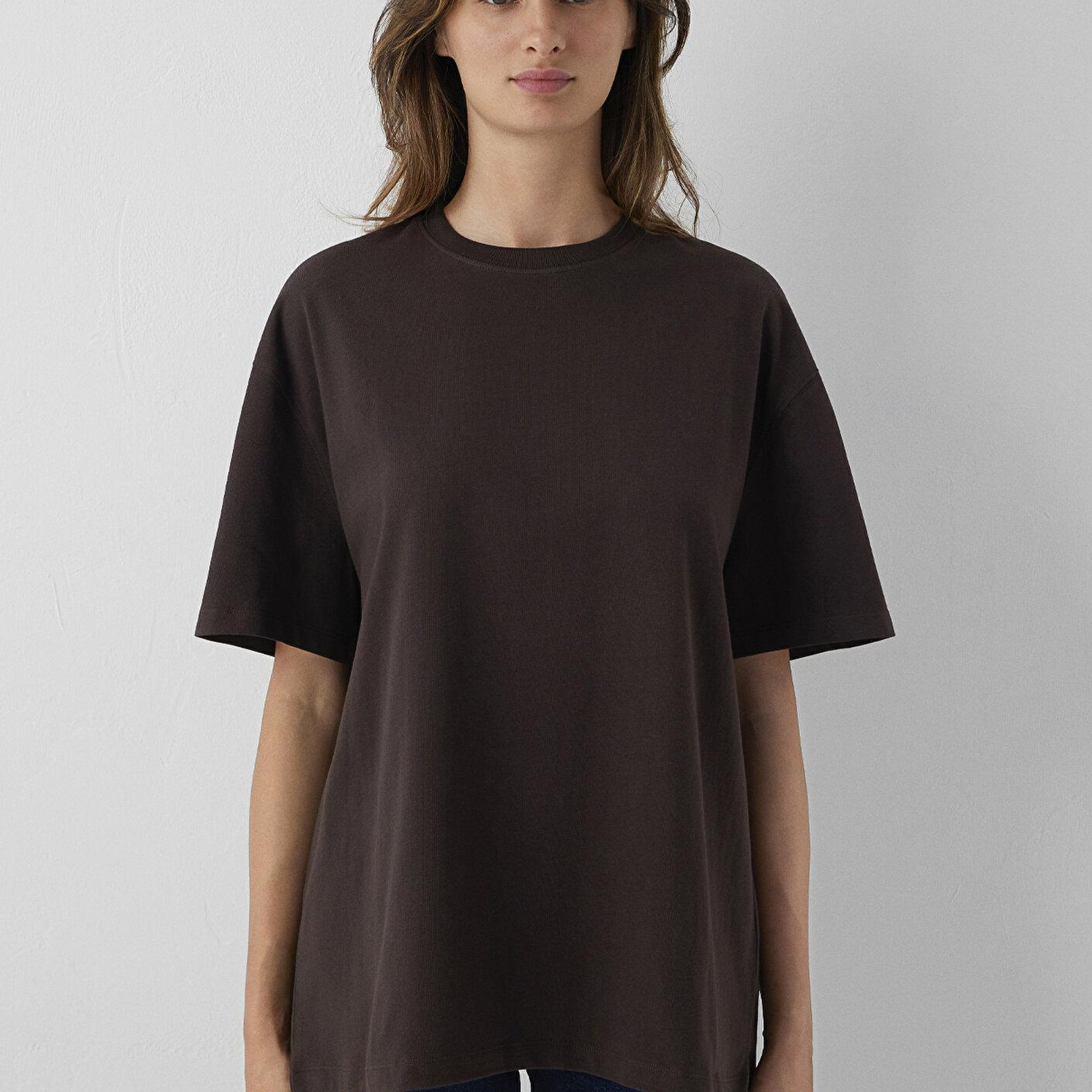 Mavi Kahverengi Basic Tişört Oversize / Geniş Kesim 1614214-90704
