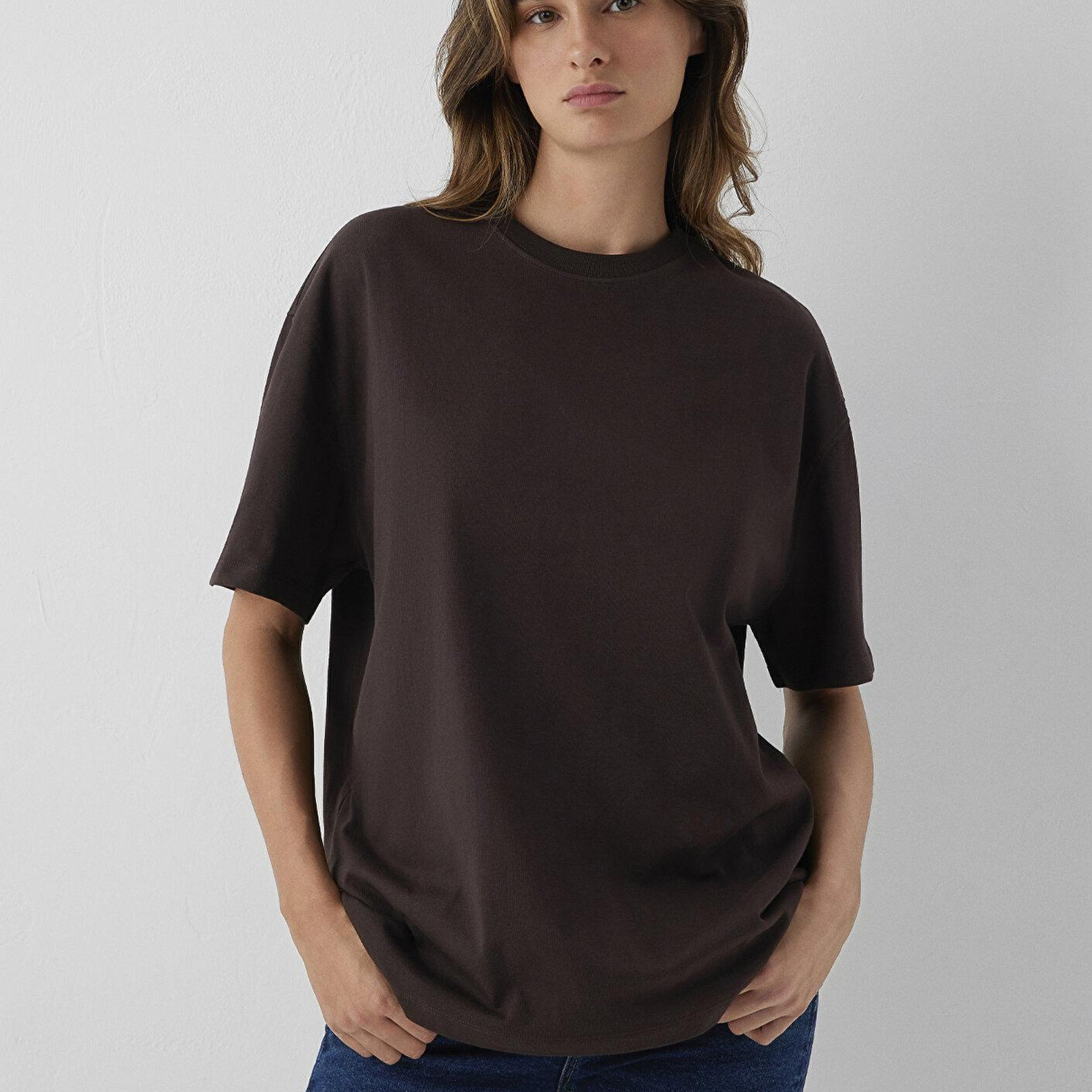 Mavi Kahverengi Basic Tişört Oversize / Geniş Kesim 1614214-90704