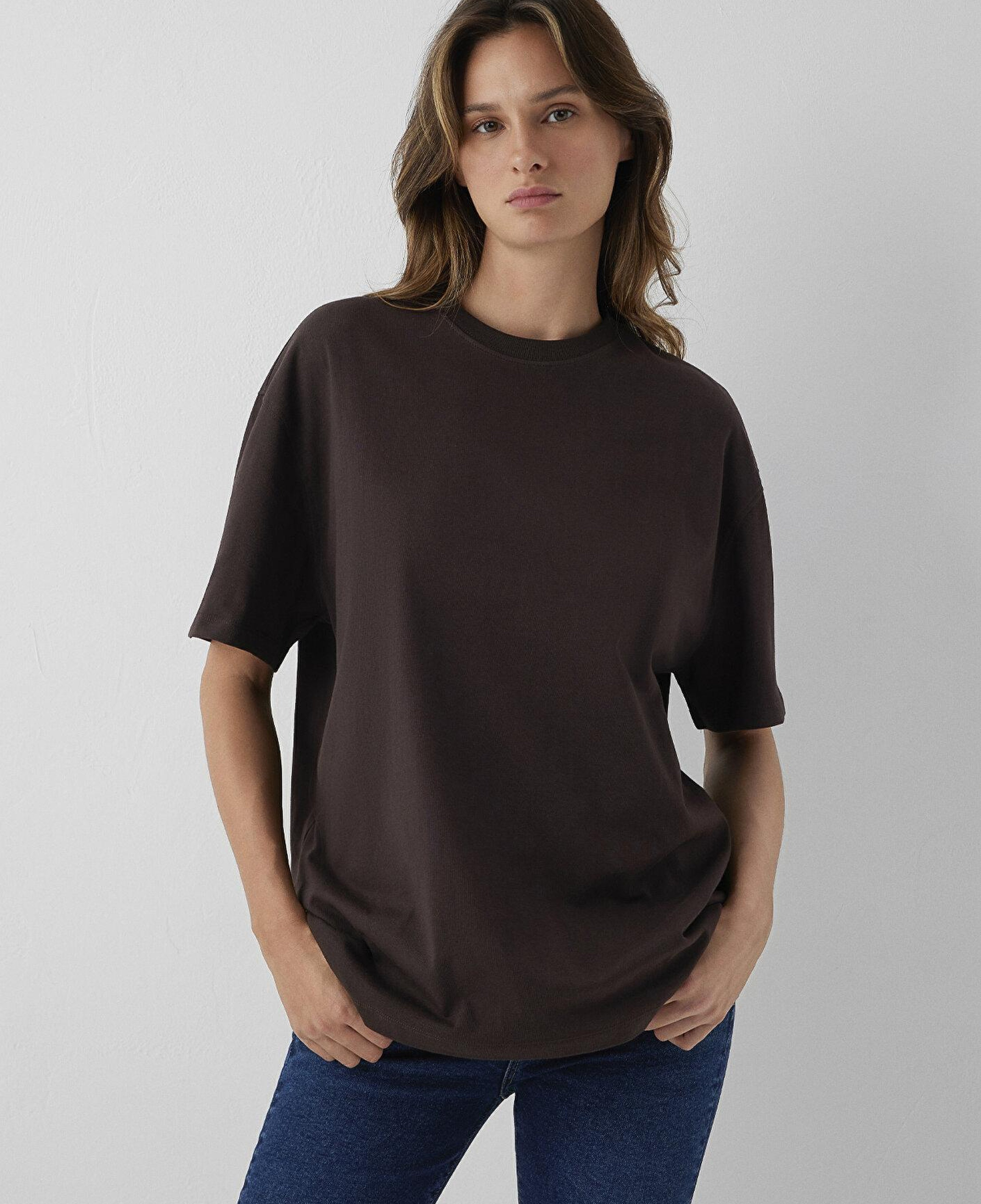 Mavi Kahverengi Basic Tişört Oversize / Geniş Kesim 1614214-90704