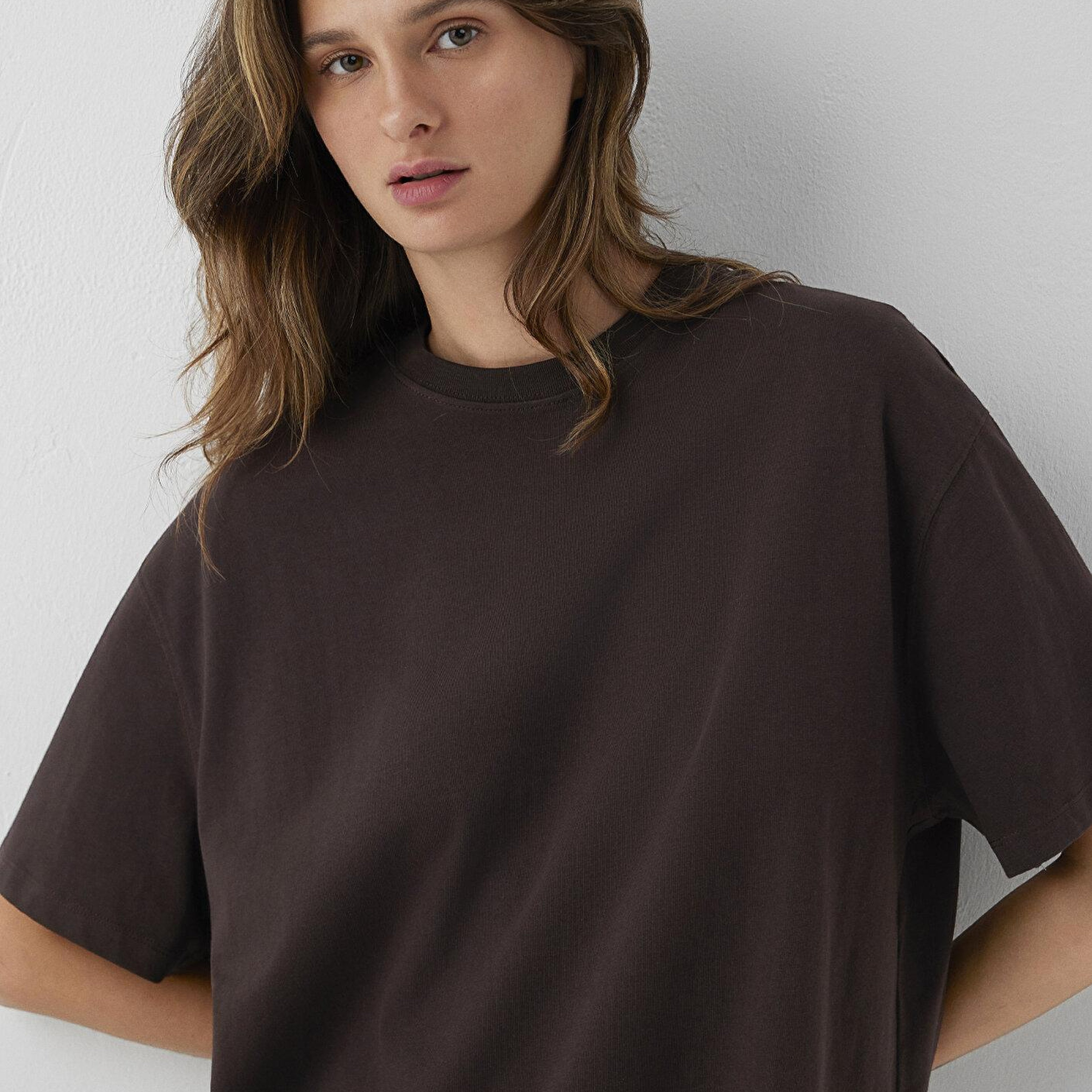 Mavi Kahverengi Basic Tişört Oversize / Geniş Kesim 1614214-90704
