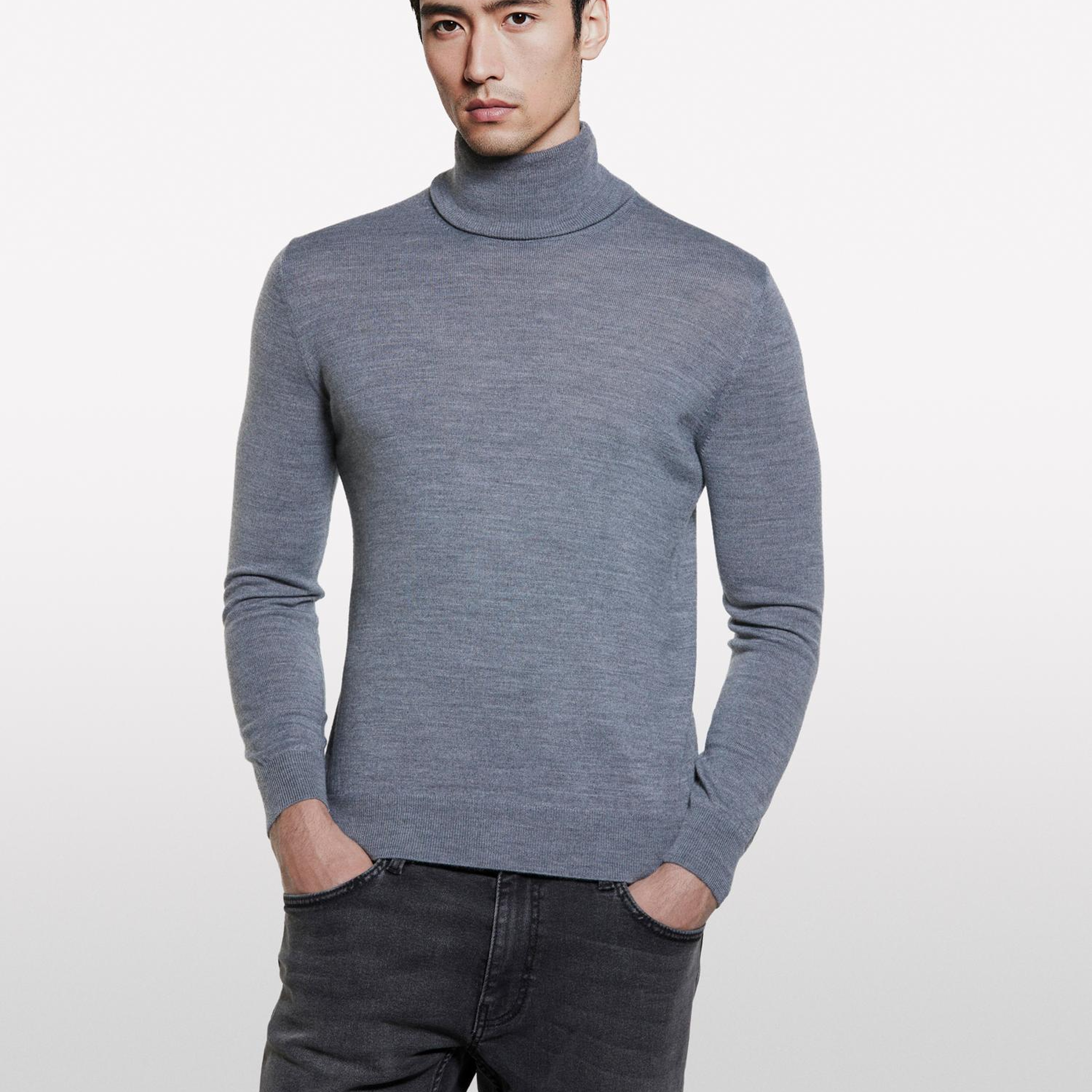 Erkek Gri Yün Karışımlı Slim Fit Kazak