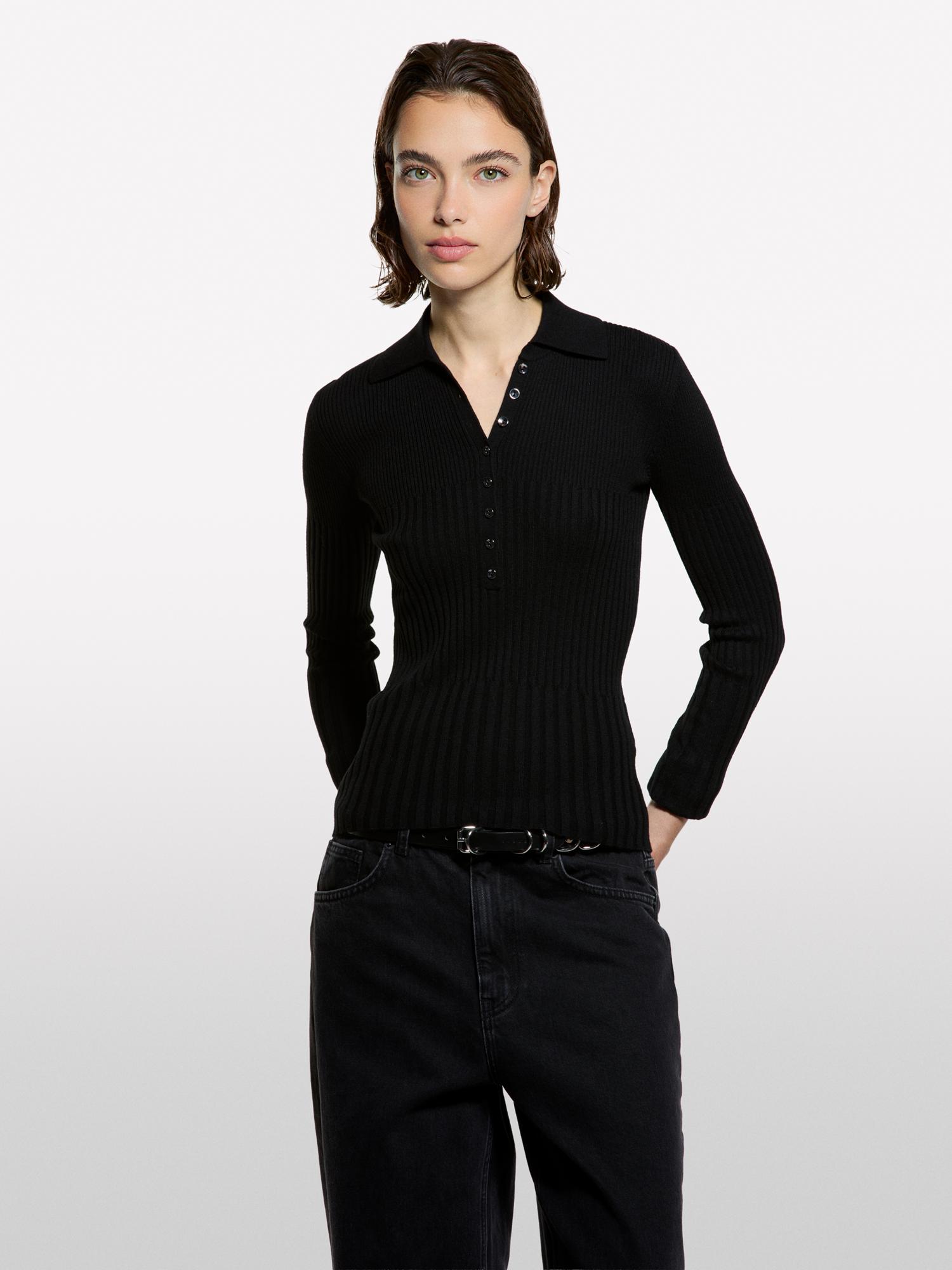 Kadın Siyah Viskoz ve Yün Karışımlı Düğmeli Slim Fit Polo Yaka Kazak