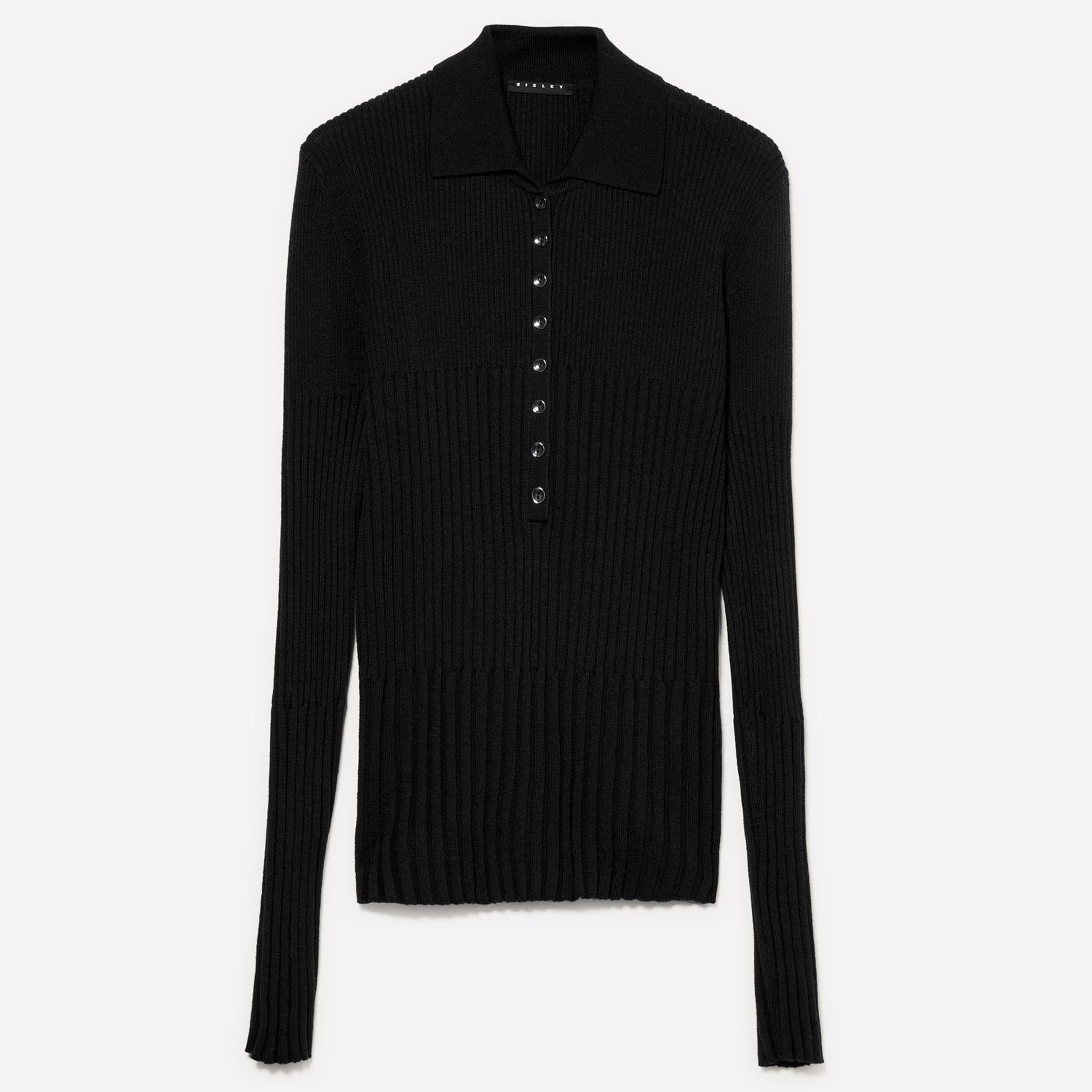 Kadın Siyah Viskoz ve Yün Karışımlı Düğmeli Slim Fit Polo Yaka Kazak