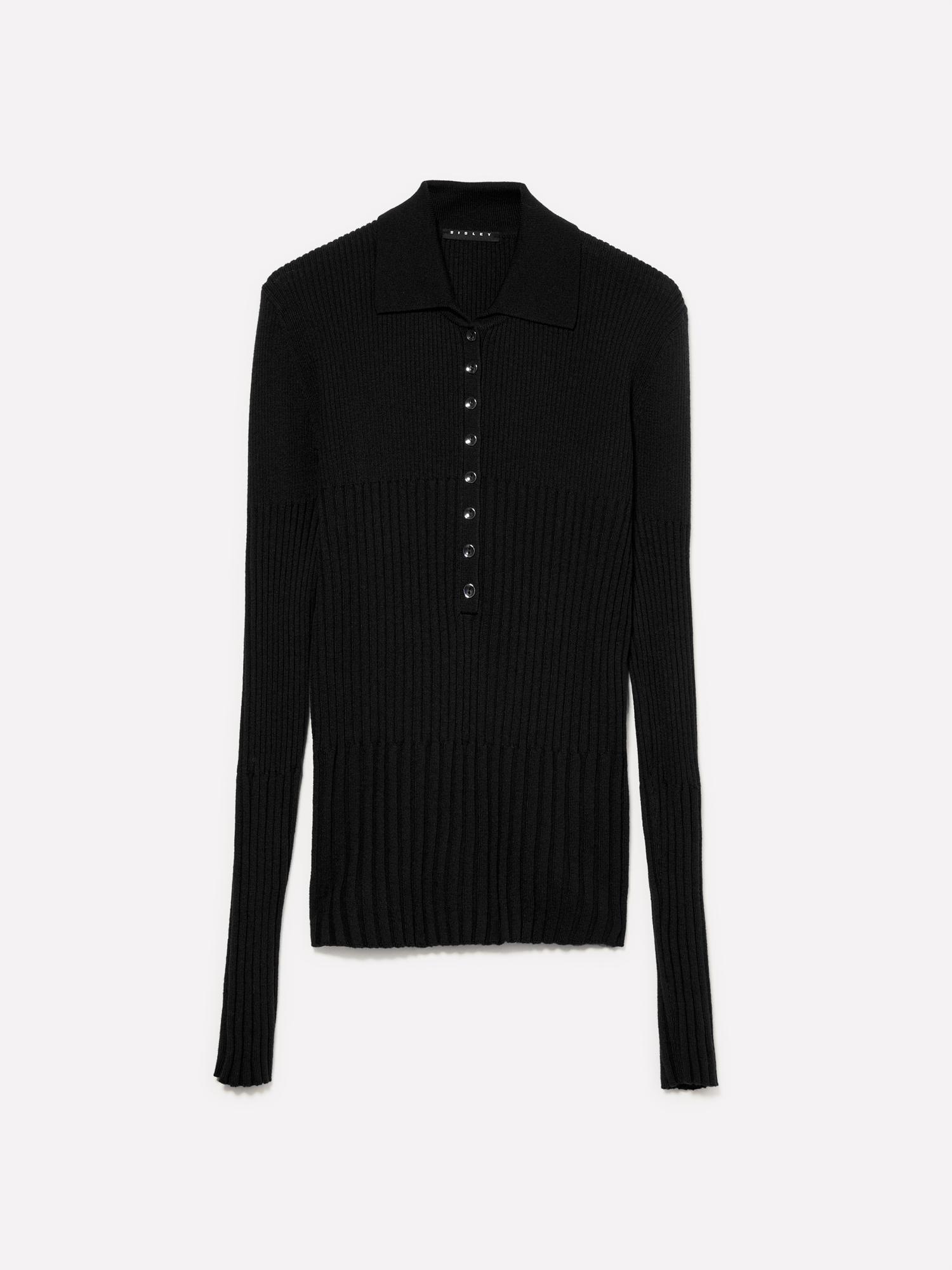 Kadın Siyah Viskoz ve Yün Karışımlı Düğmeli Slim Fit Polo Yaka Kazak