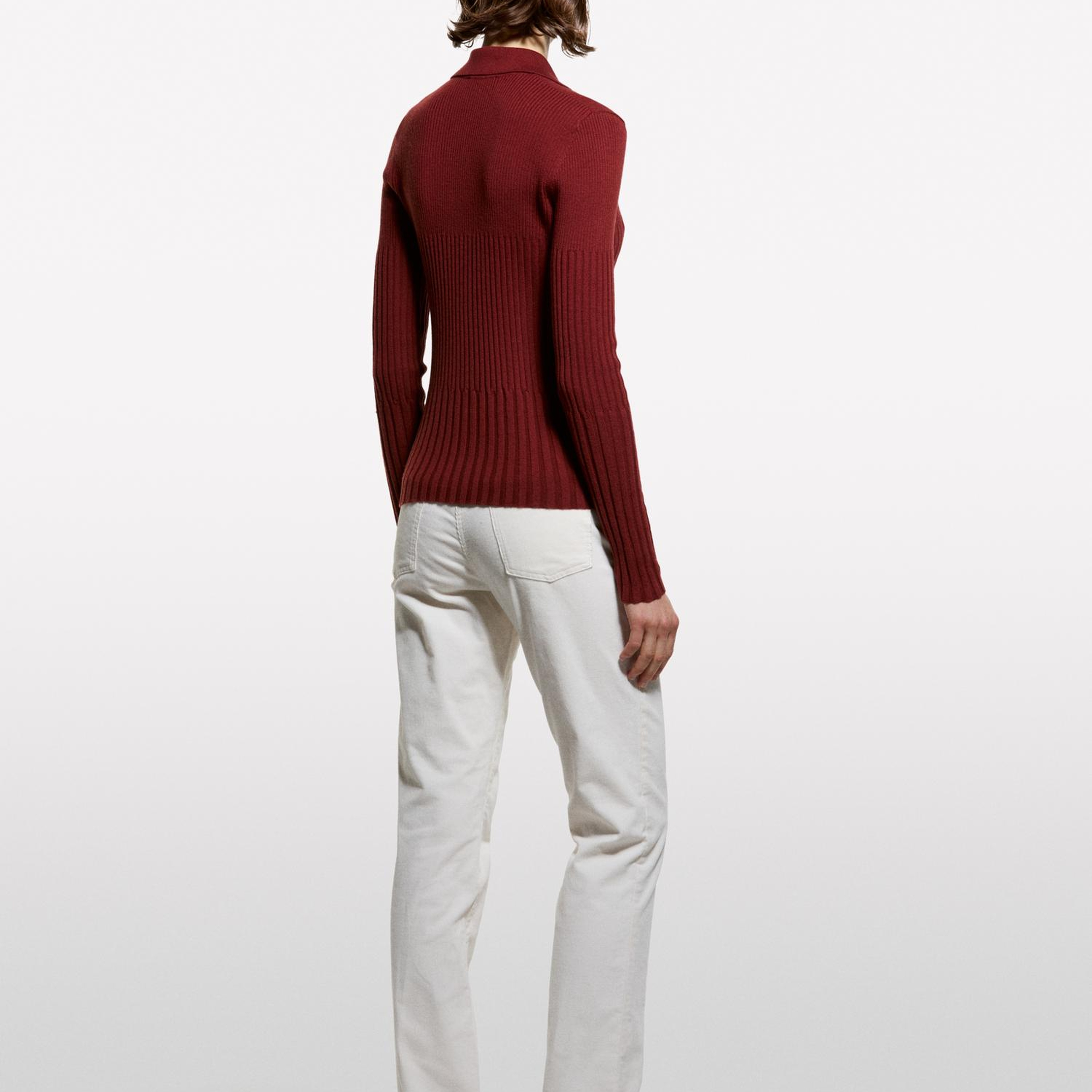 Kadın Bordo Viskoz ve Yün Karışımlı Düğmeli Slim Fit Polo Yaka Kazak