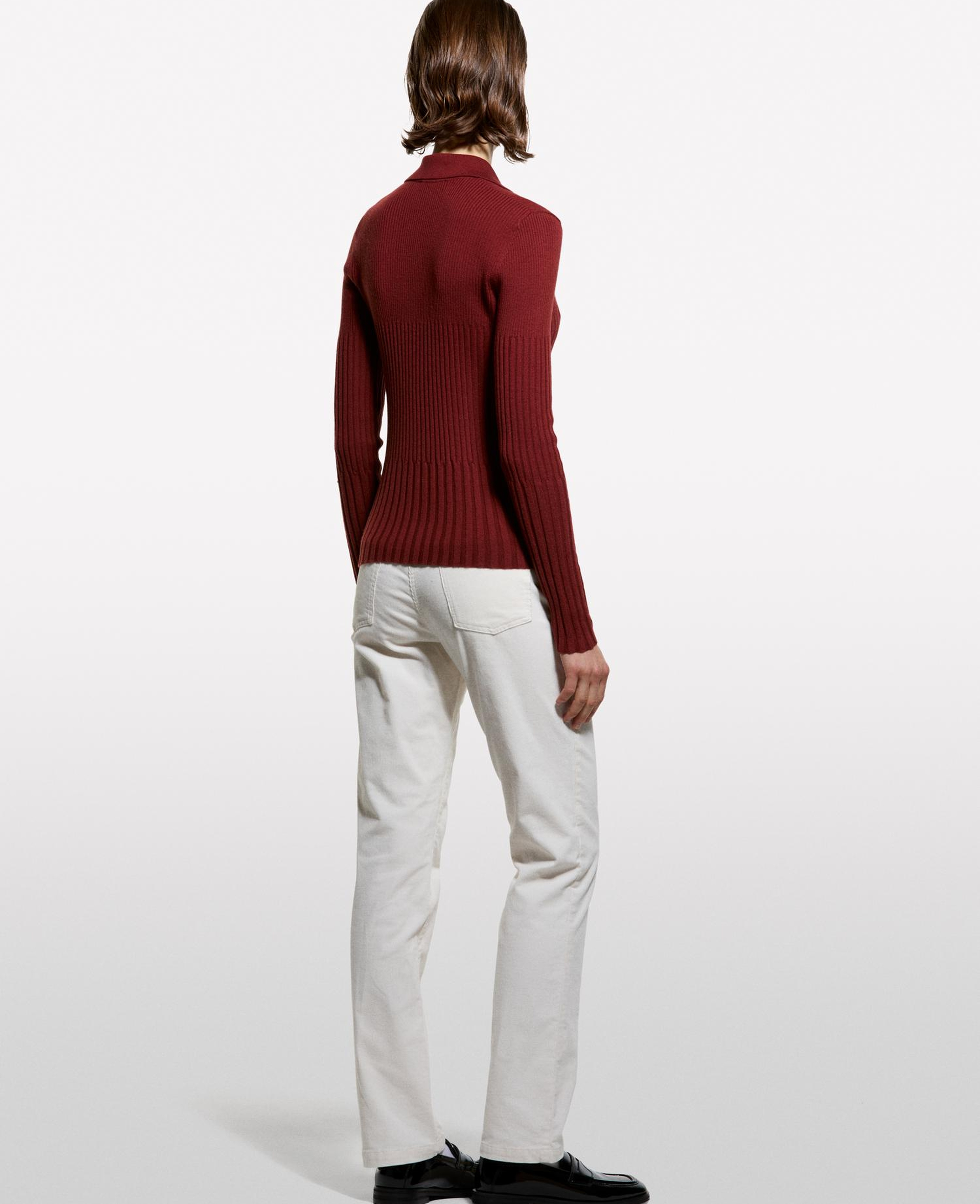Kadın Bordo Viskoz ve Yün Karışımlı Düğmeli Slim Fit Polo Yaka Kazak