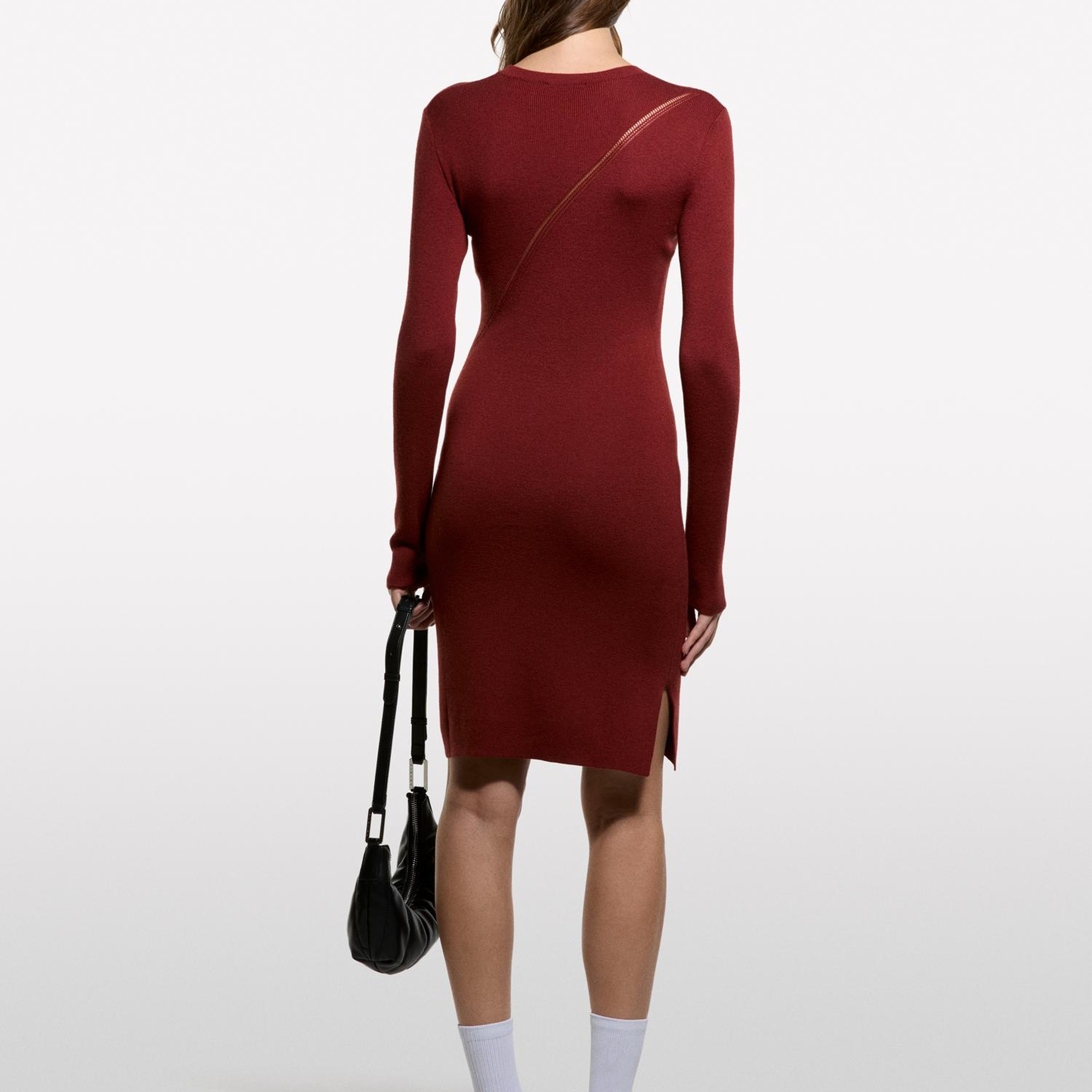 Kadın Bordo Viskoz ve Yün Karışımlı Regular Fit Uzun Kollu Triko Elbise