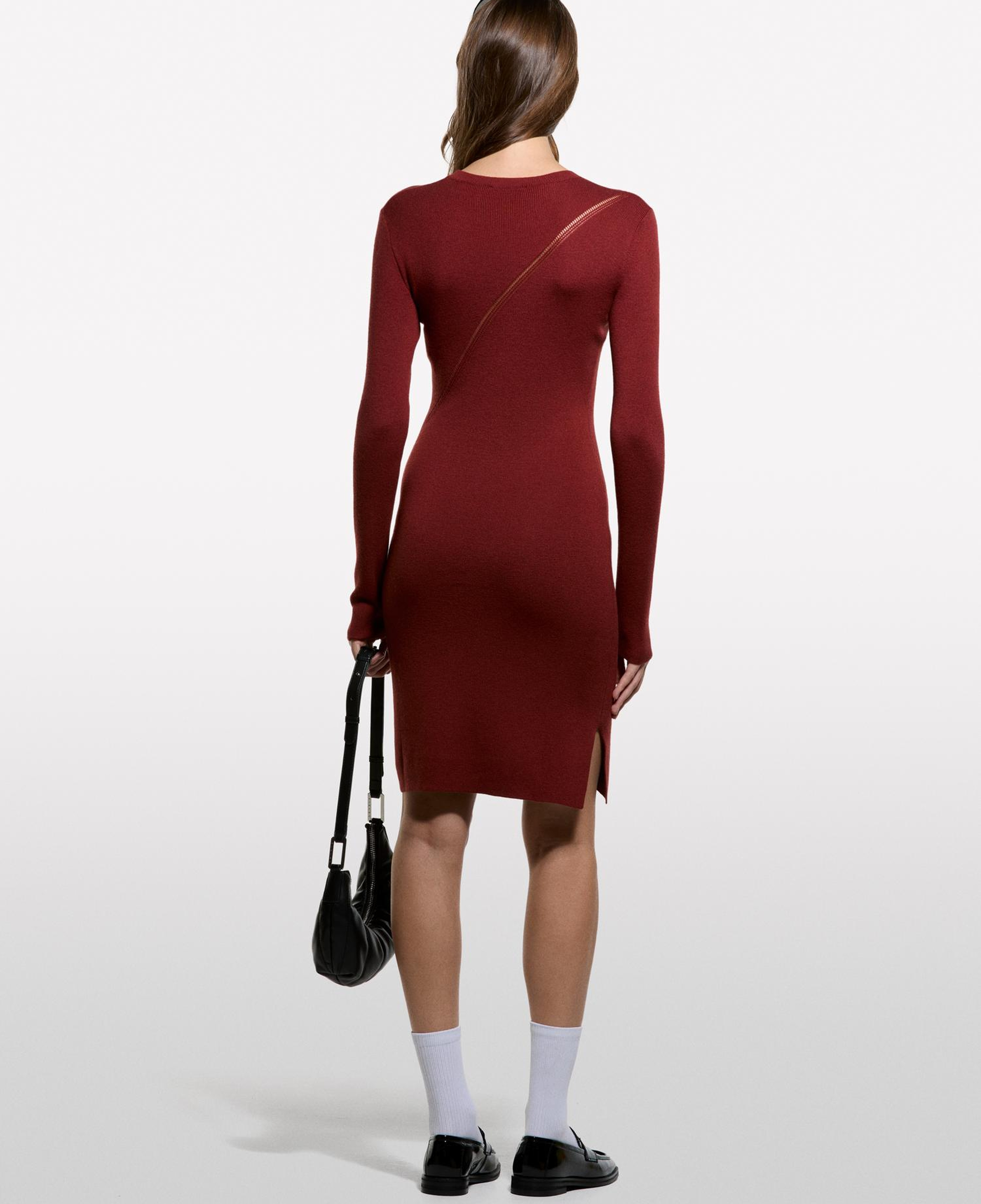 Kadın Bordo Viskoz ve Yün Karışımlı Regular Fit Uzun Kollu Triko Elbise