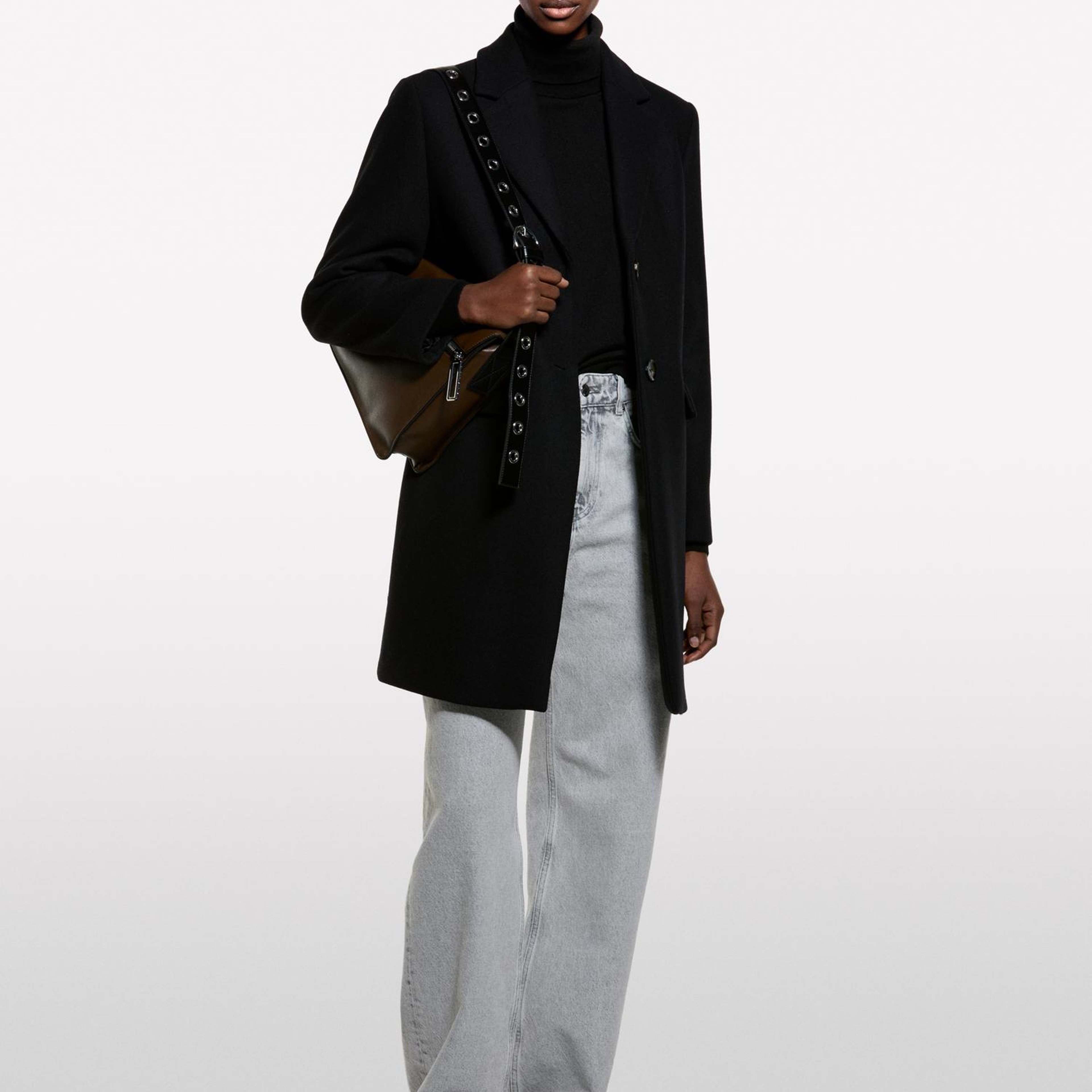 Kadın Siyah Mix Yün Karışımlı İki Düğmeli Kapaklı Cepli Kaban