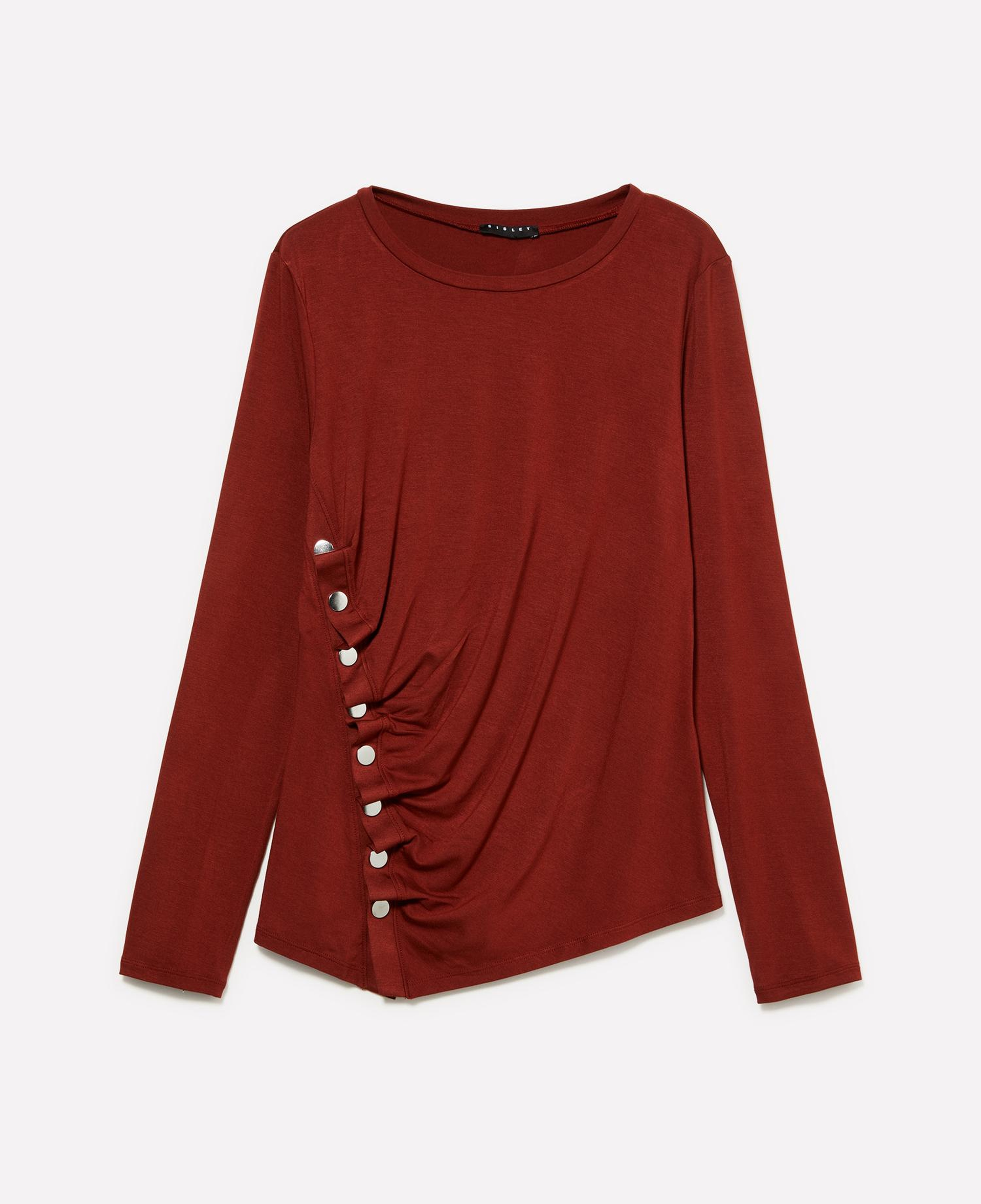 Kadın Bordo Viskoz Karışımlı Önü Çıtçıt Detaylı Bisiklet Yaka Uzun Kollu T-Shirt