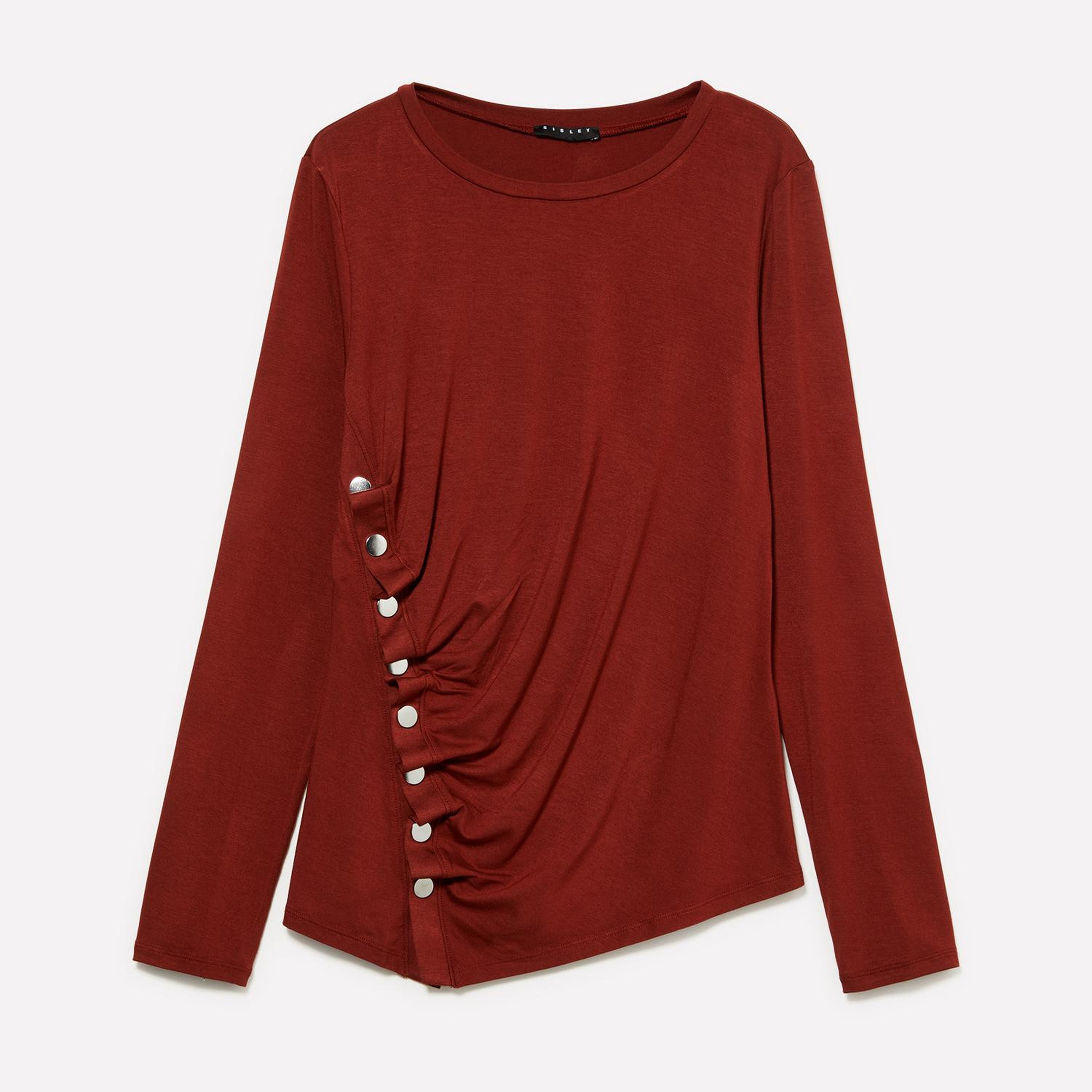 Kadın Bordo Viskoz Karışımlı Önü Çıtçıt Detaylı Bisiklet Yaka Uzun Kollu T-Shirt