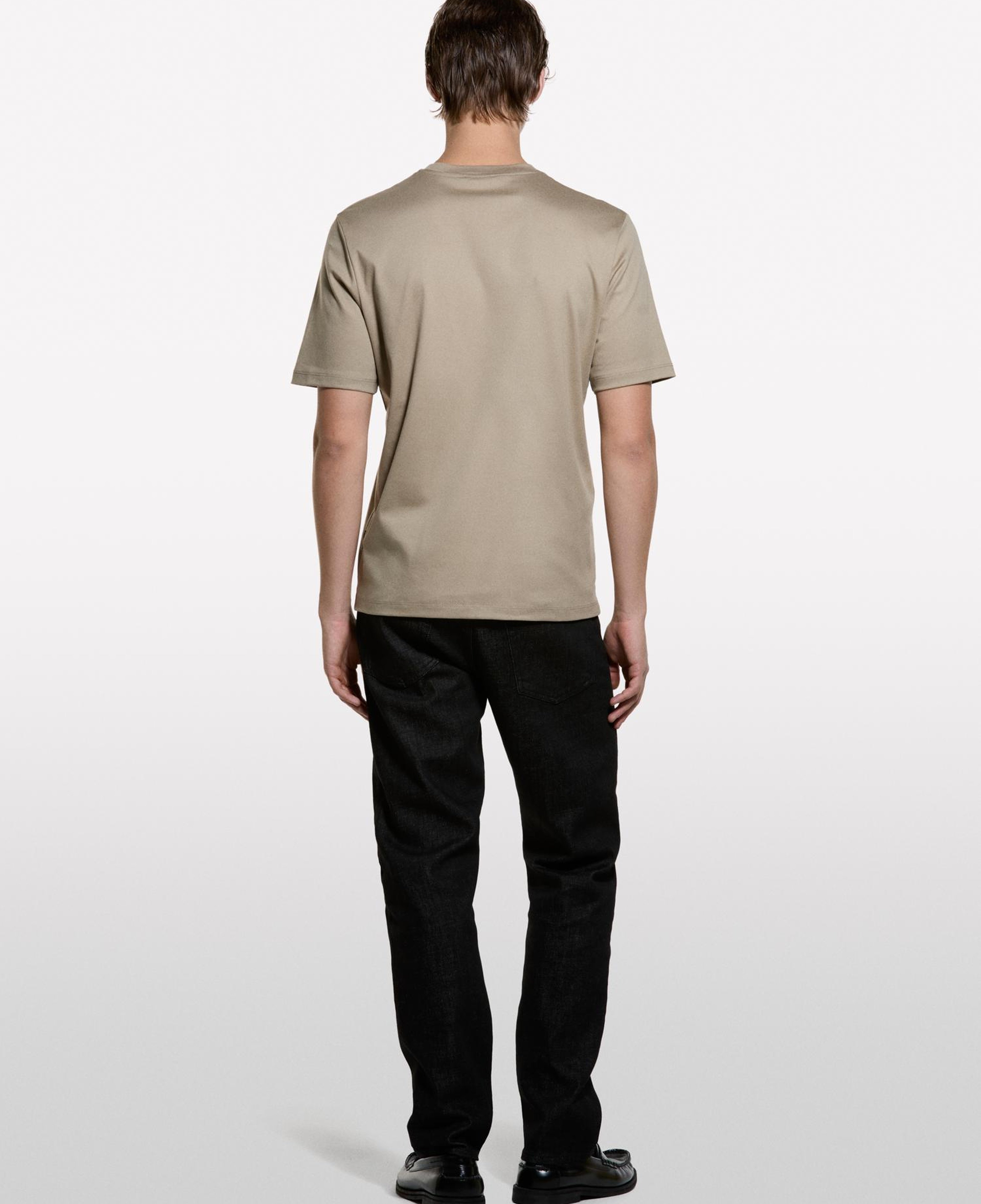 Erkek Taş Rengi %100 Pamuk Göğüs Baskılı Bisiklet Yaka T-Shirt