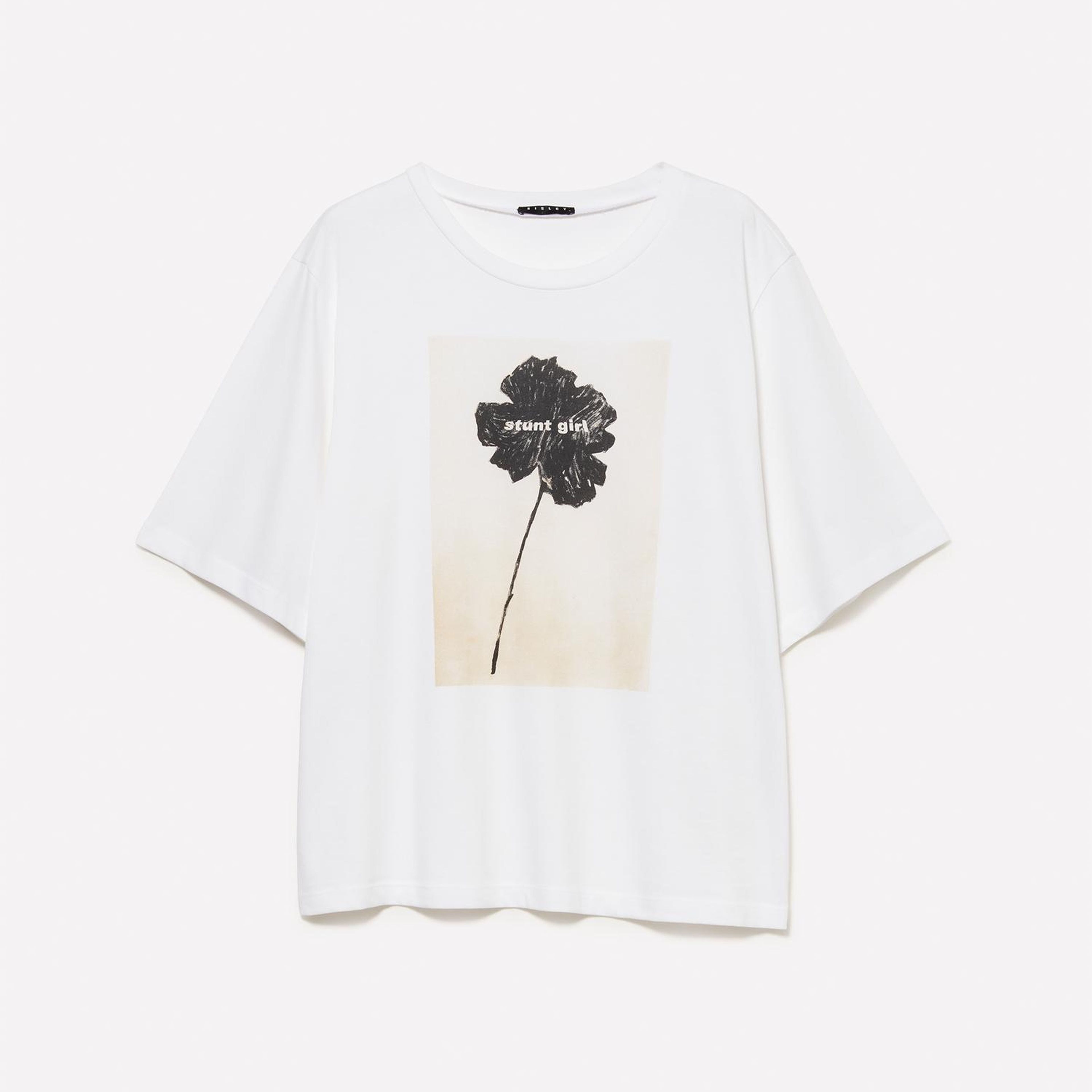 Kadın Krem %100 Pamuk Önü Baskılı Bisiklet Yaka Boxy Fit T-Shirt