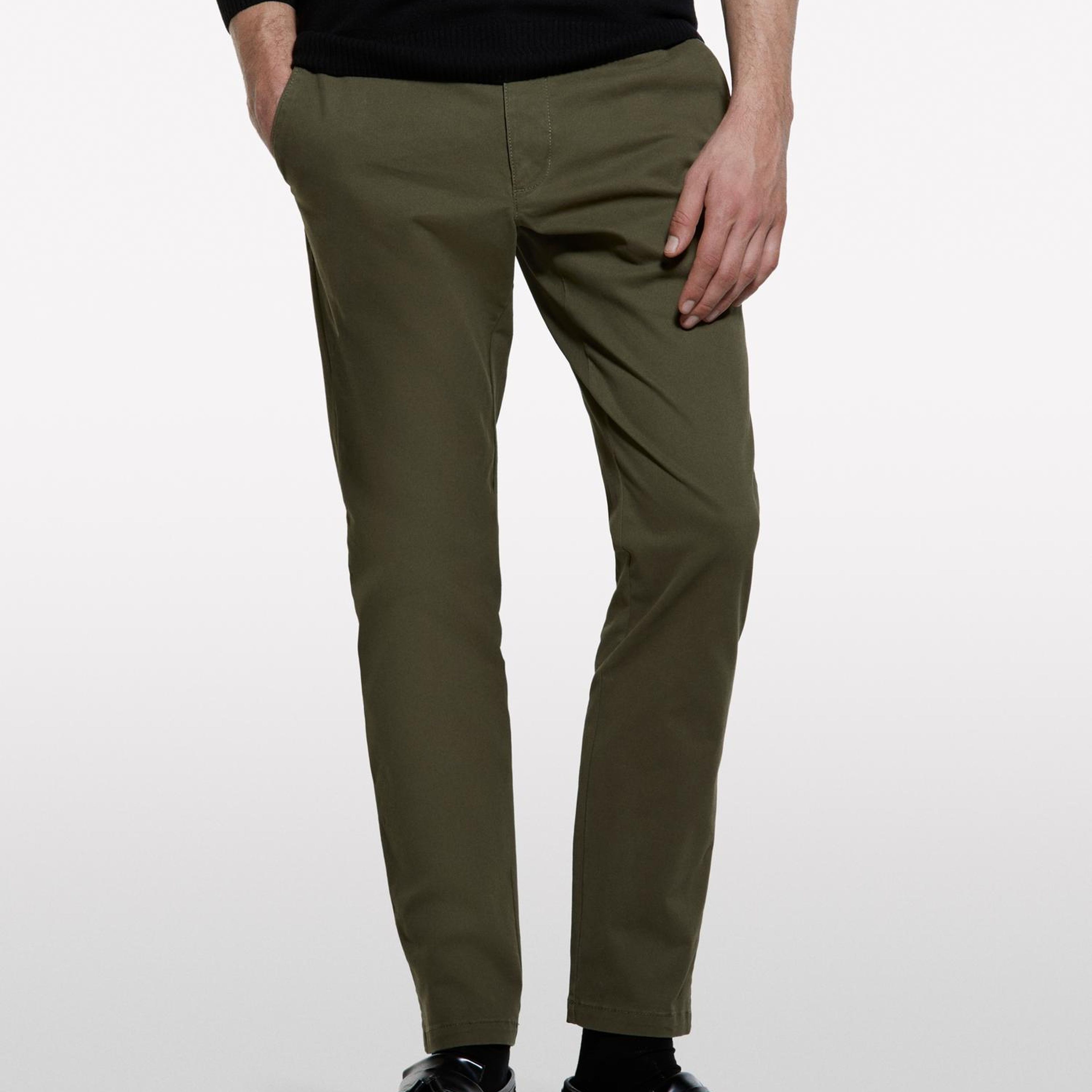 Erkek Haki Yeşili Slim Fit Vintage Efekt Chino Pantolon