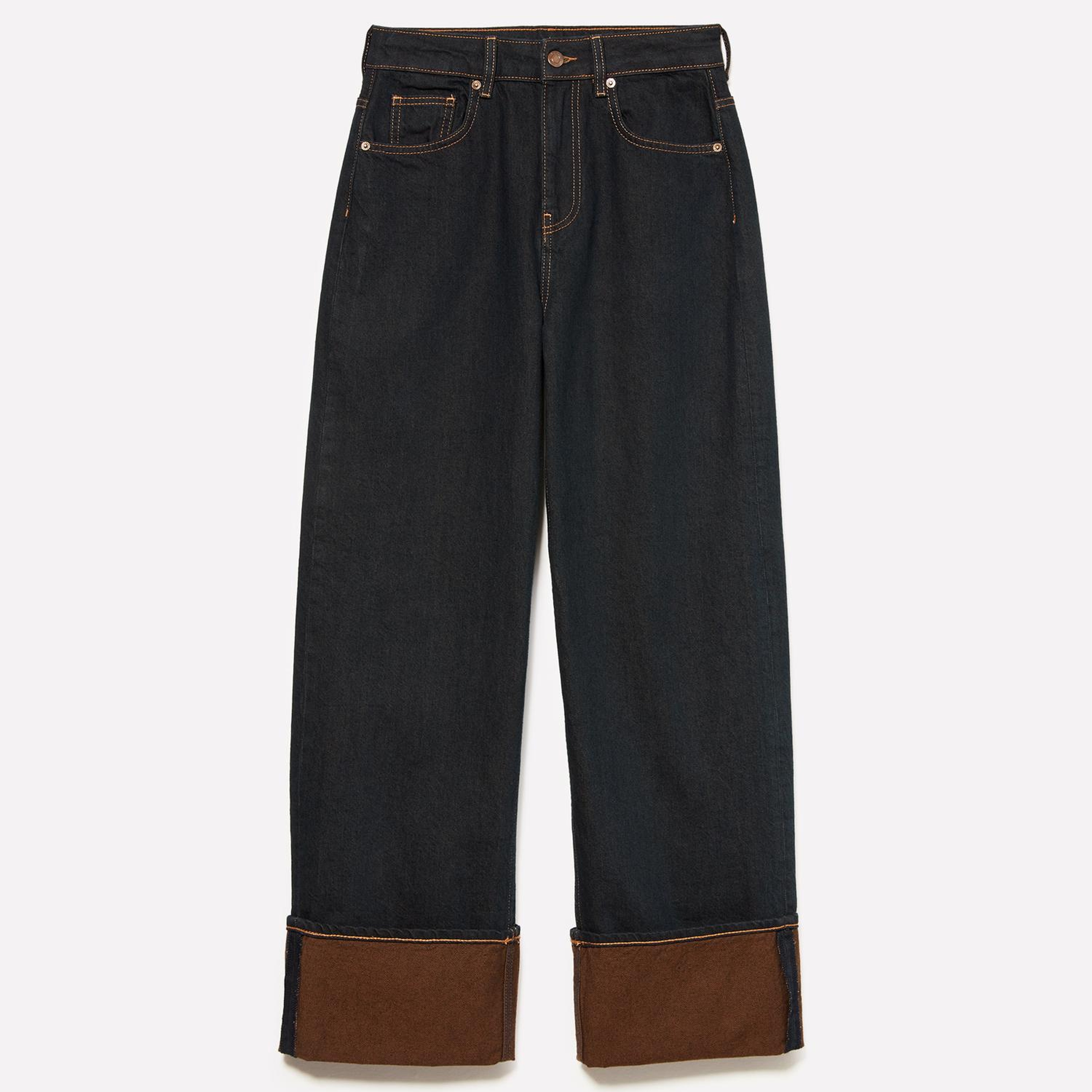 Kadın Lacivert %100 Pamuk Paçası Katlamalı Denim Pantolon