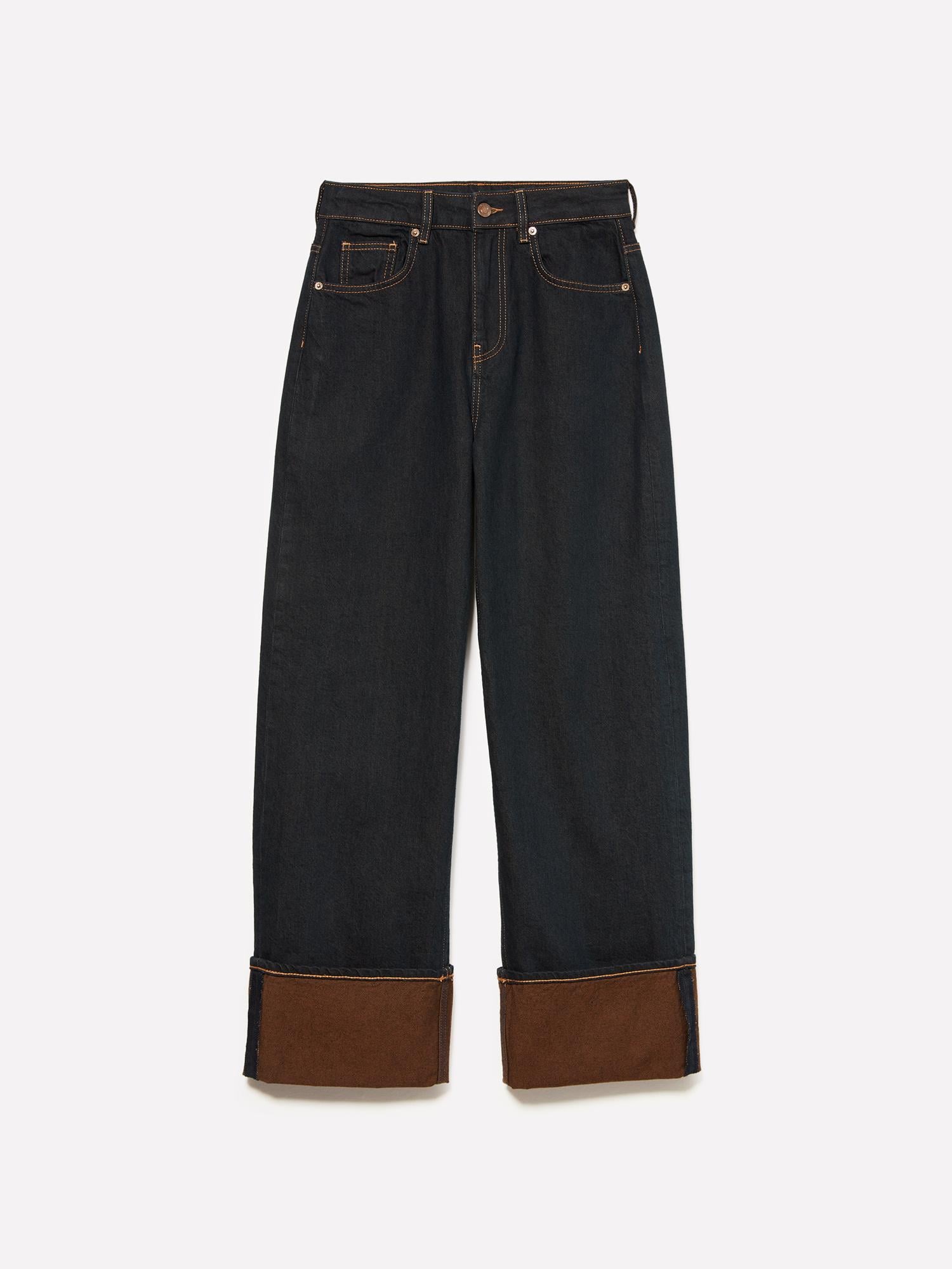 Kadın Lacivert %100 Pamuk Paçası Katlamalı Denim Pantolon