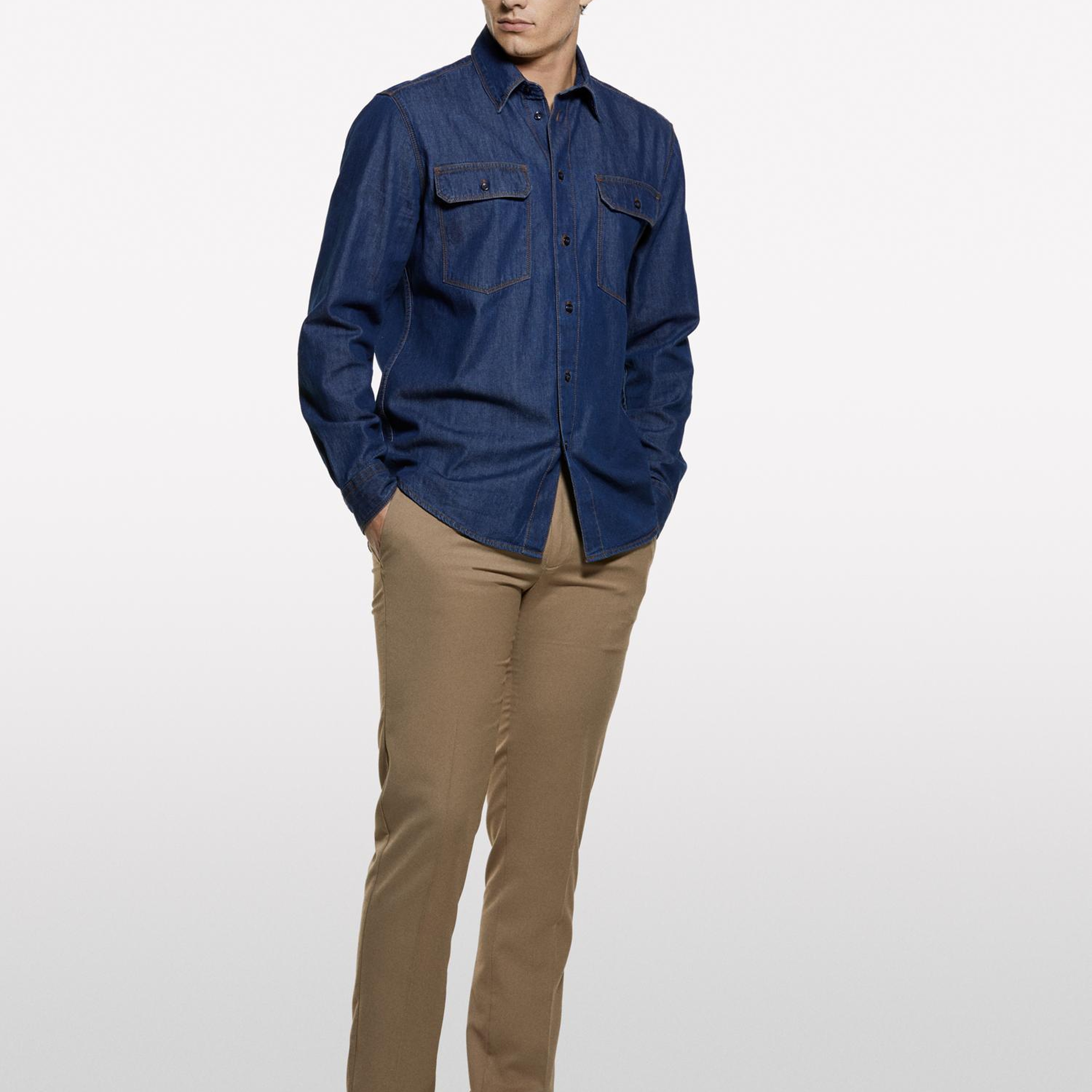 Erkek Koyu Mavi %100 Pamuk Çıtçıtlı Regular Fit Denim Gömlek