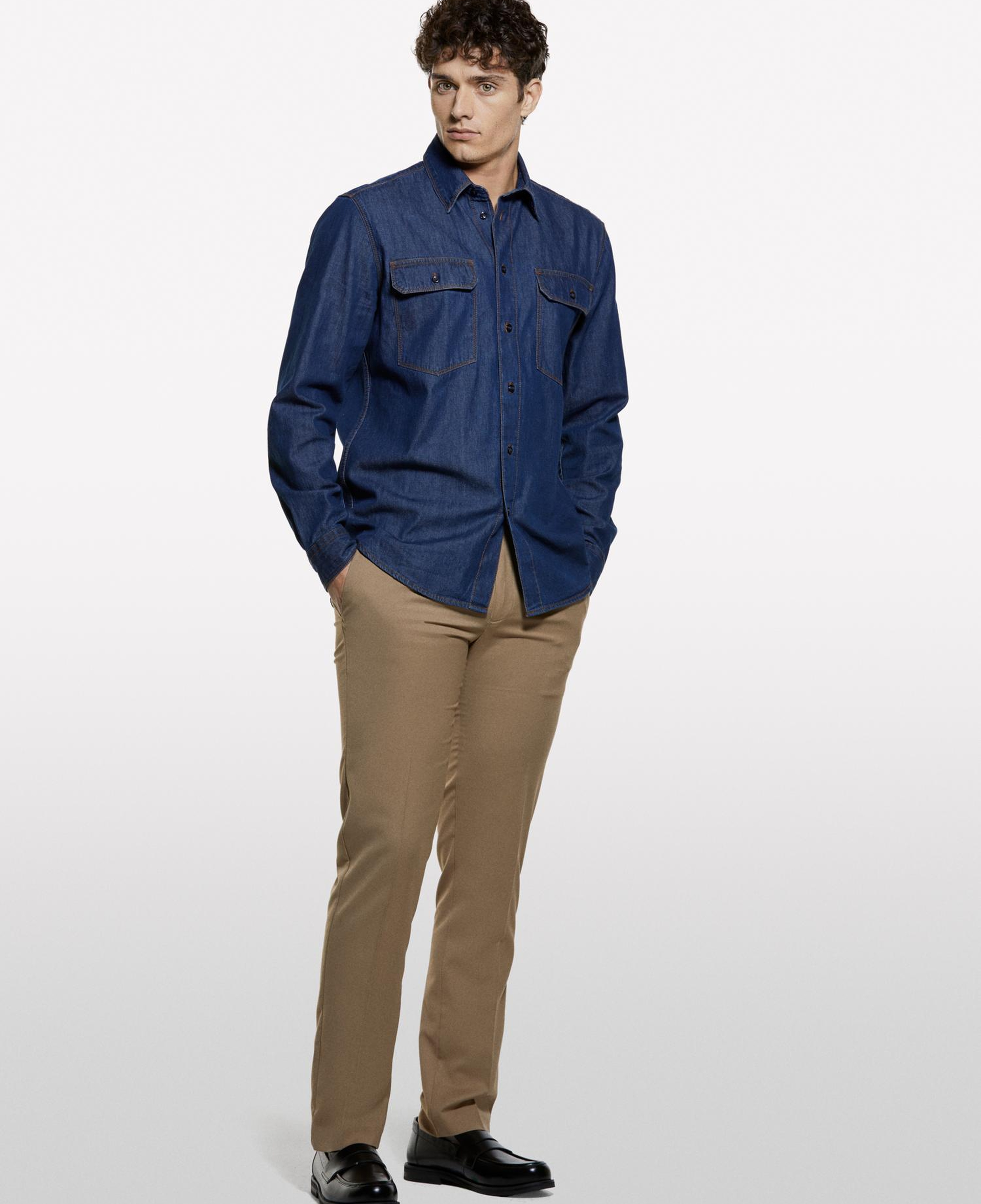 Erkek Koyu Mavi %100 Pamuk Çıtçıtlı Regular Fit Denim Gömlek