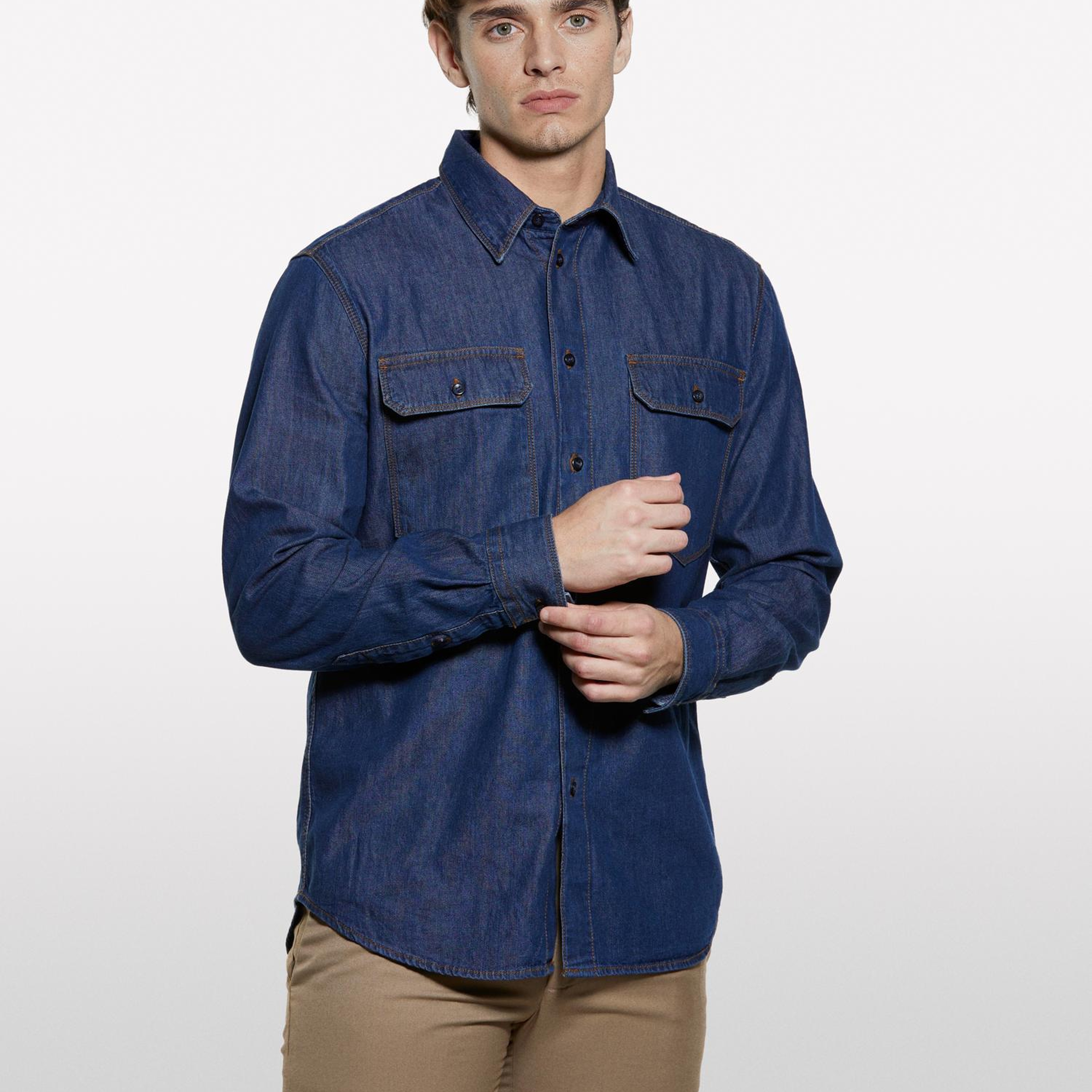 Erkek Koyu Mavi %100 Pamuk Çıtçıtlı Regular Fit Denim Gömlek