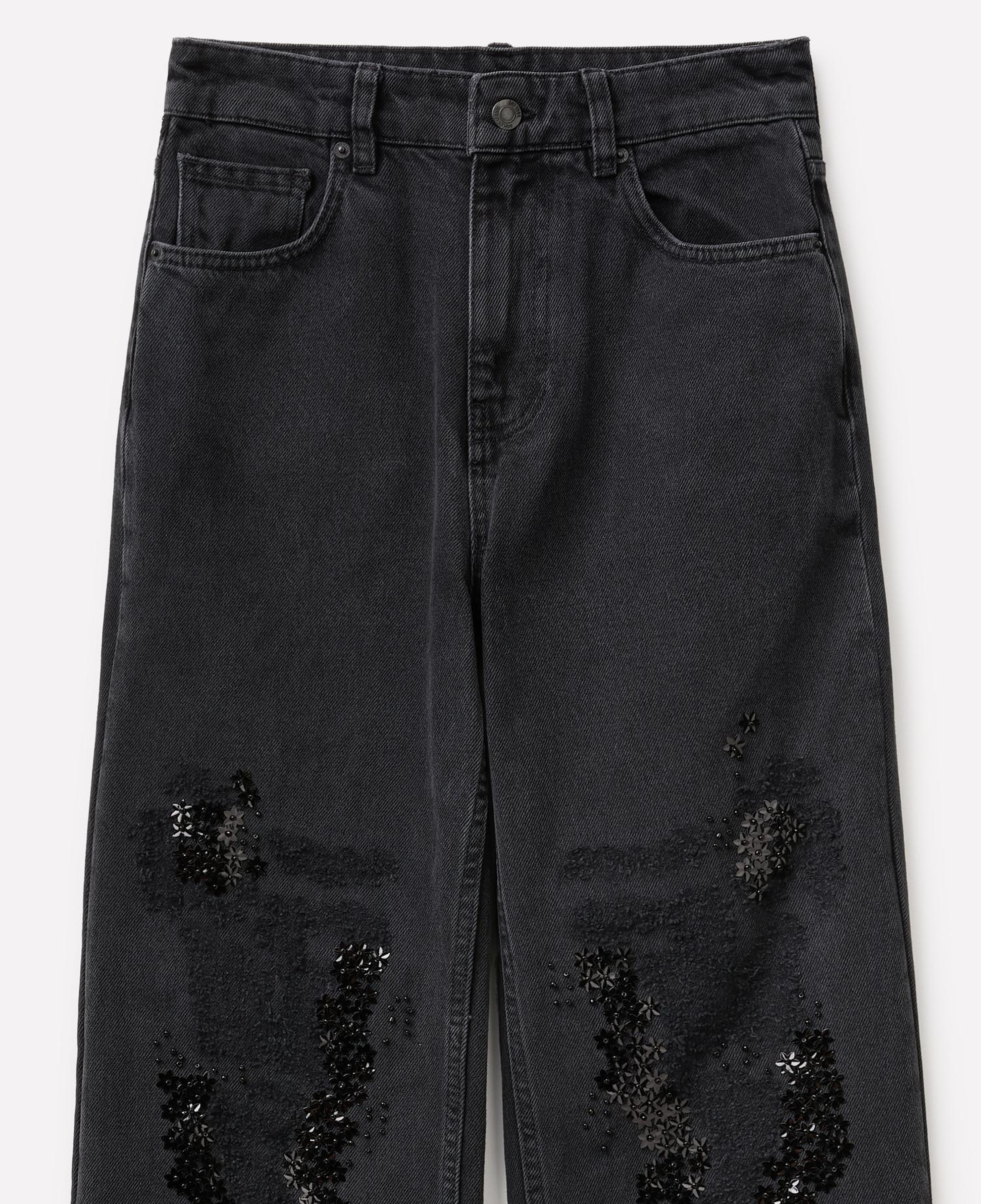 Kadın Siyah %100 Pamuk Yırtık Detaylı Geniş Paça Denim Pantolon