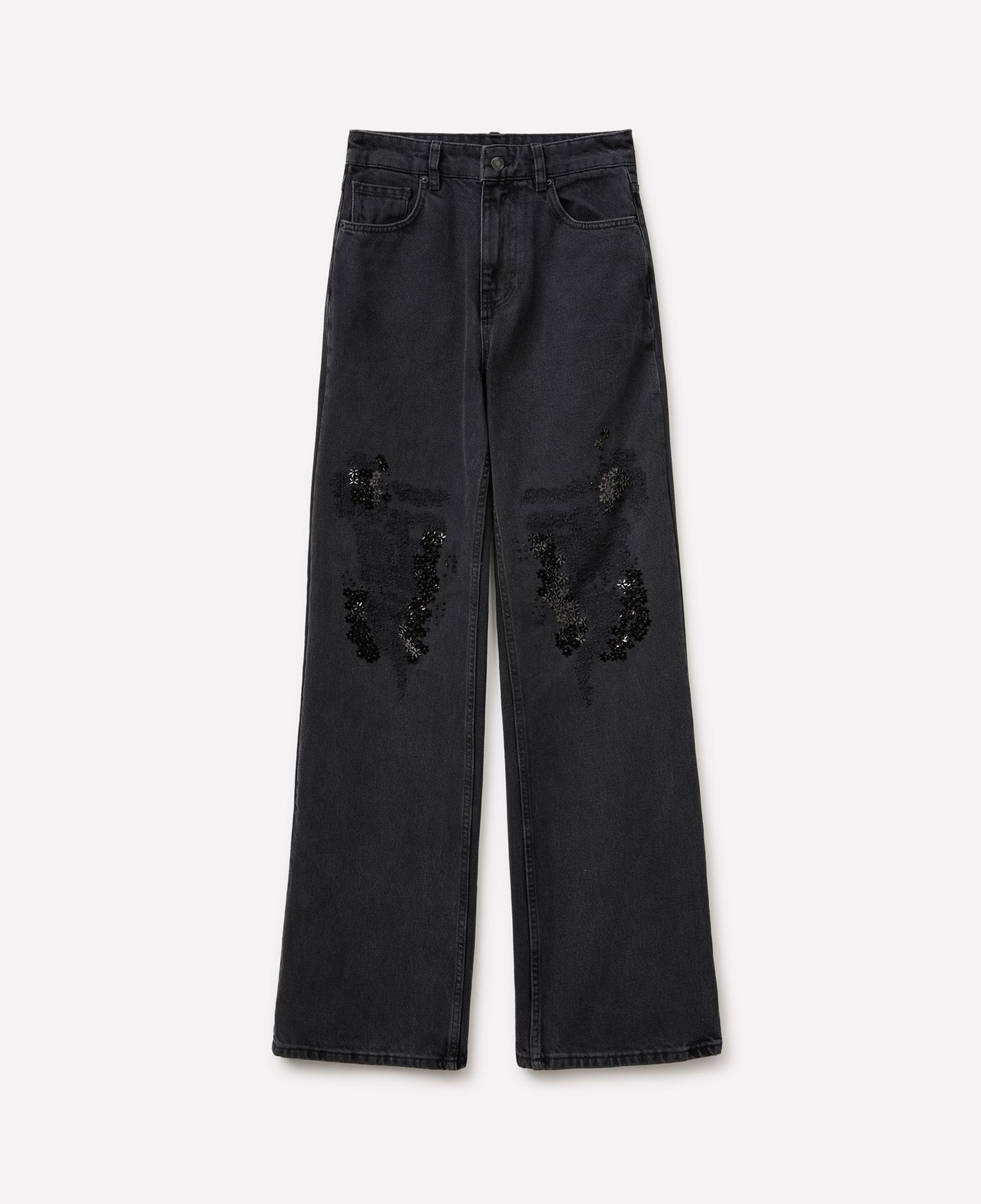 Kadın Siyah %100 Pamuk Yırtık Detaylı Geniş Paça Denim Pantolon