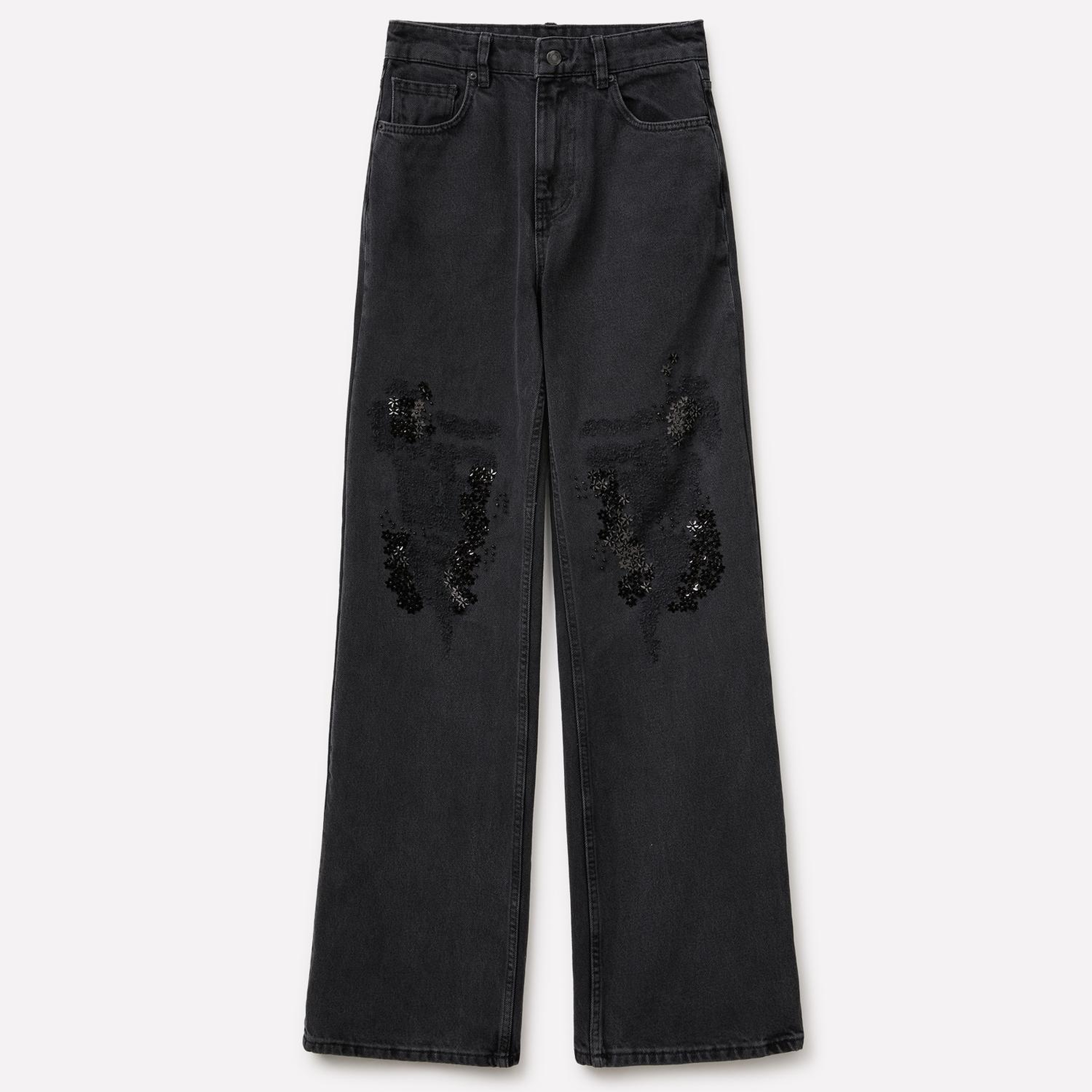 Kadın Siyah %100 Pamuk Yırtık Detaylı Geniş Paça Denim Pantolon