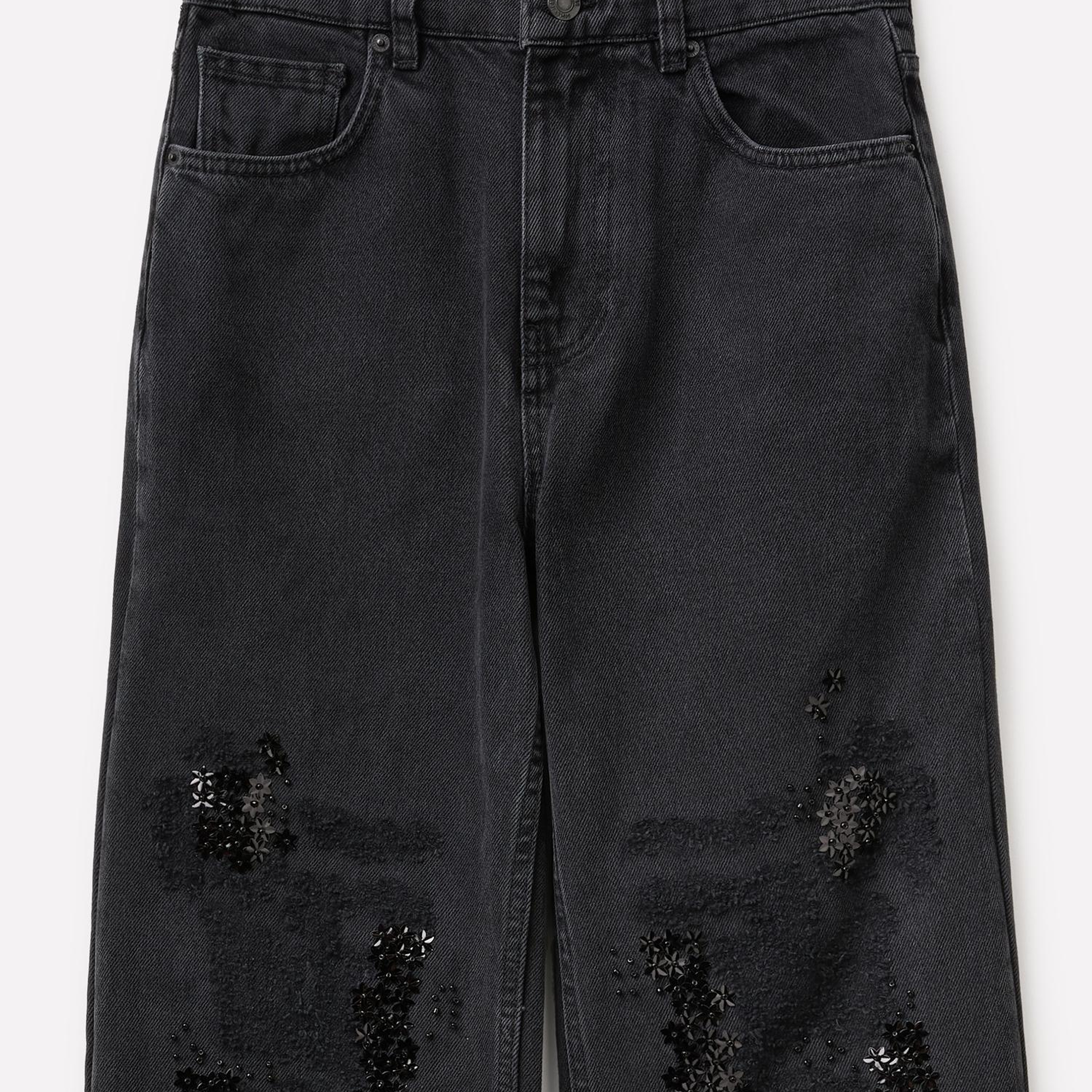 Kadın Siyah %100 Pamuk Yırtık Detaylı Geniş Paça Denim Pantolon