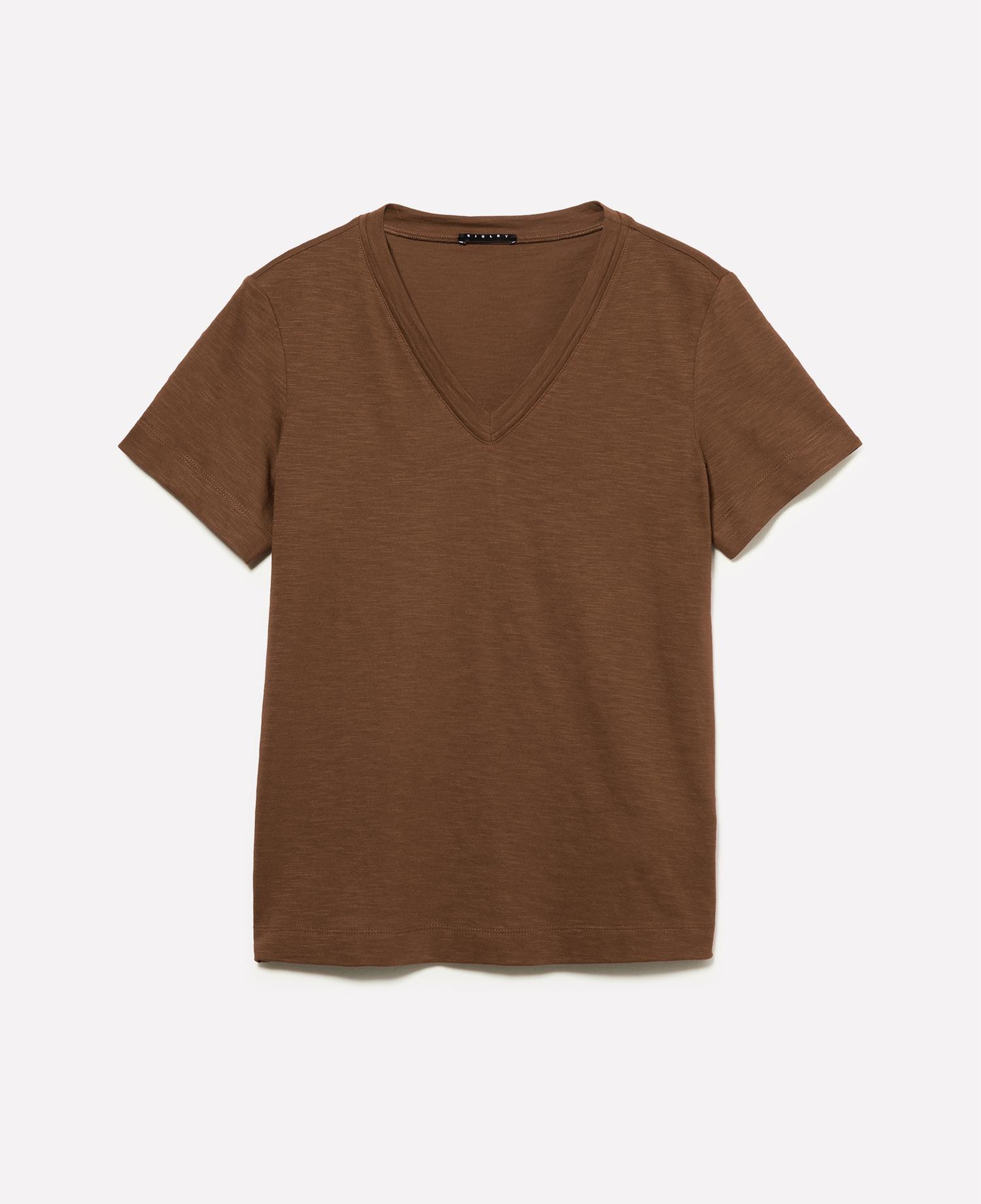 Kadın Kahverengi Pamuk ve Modal Karışımlı V Yaka T-Shirt