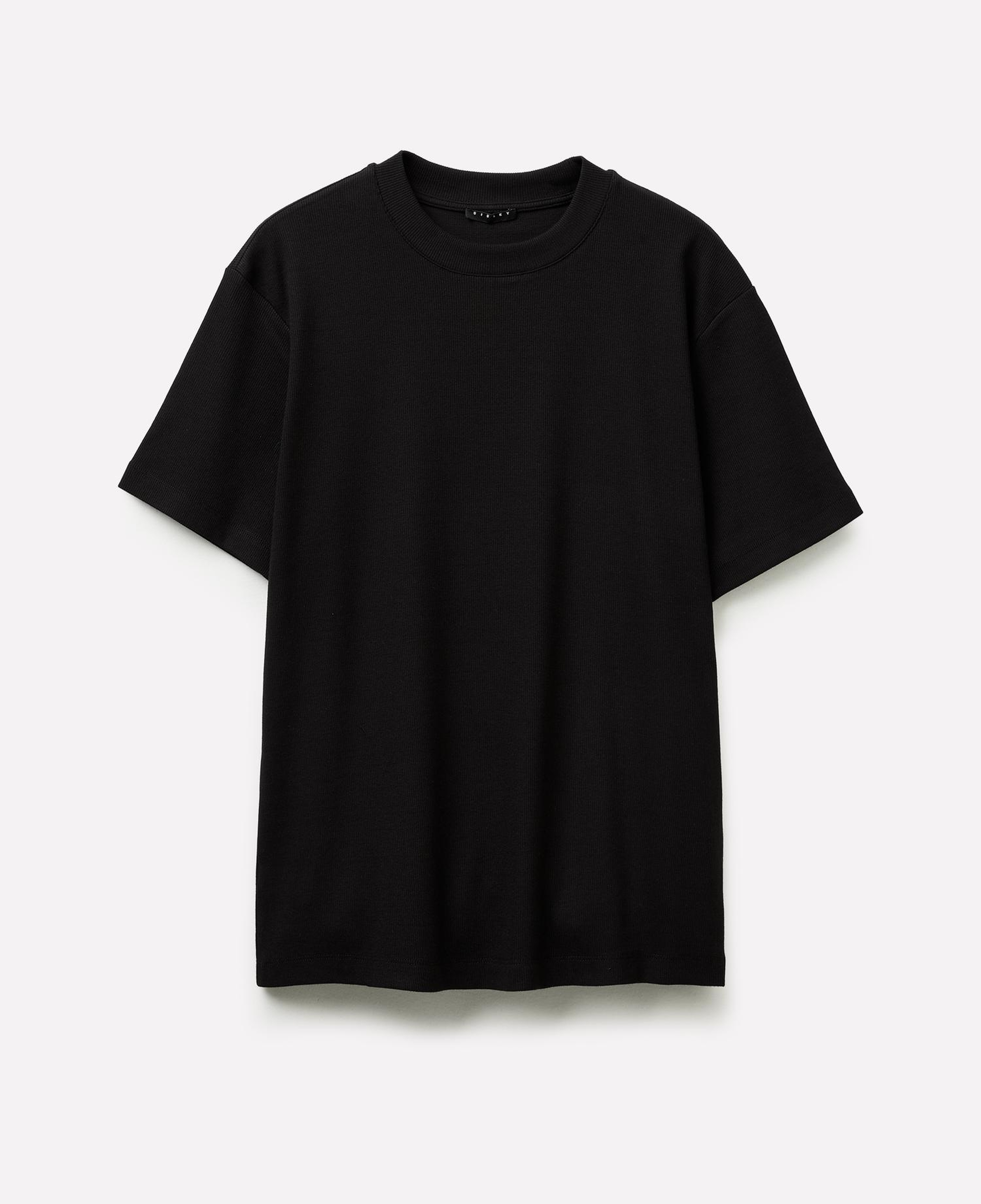 Erkek Siyah Pamuk Karışımlı Fitilli Örgü Bisiklet Yaka T-Shirt