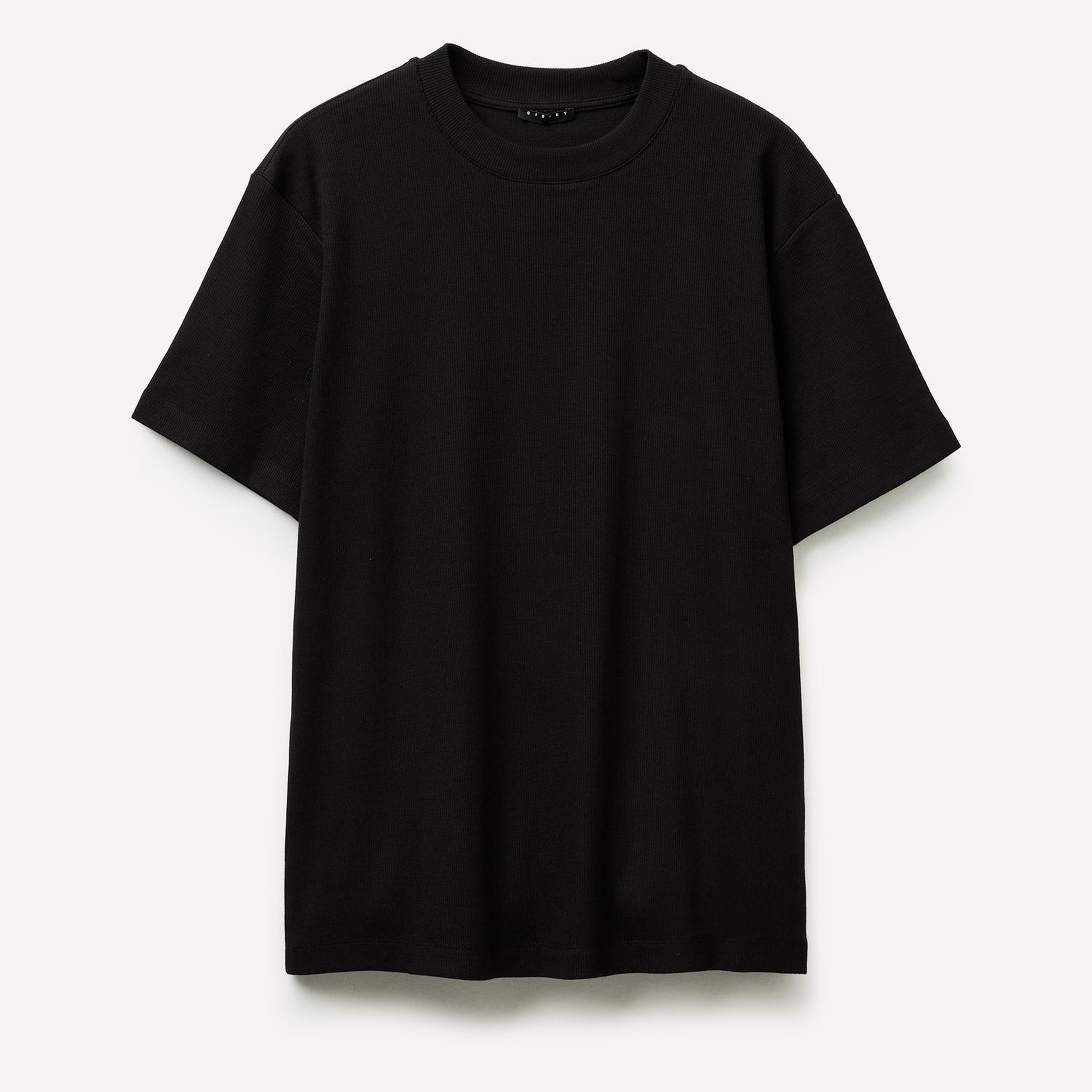 Erkek Siyah Pamuk Karışımlı Fitilli Örgü Bisiklet Yaka T-Shirt