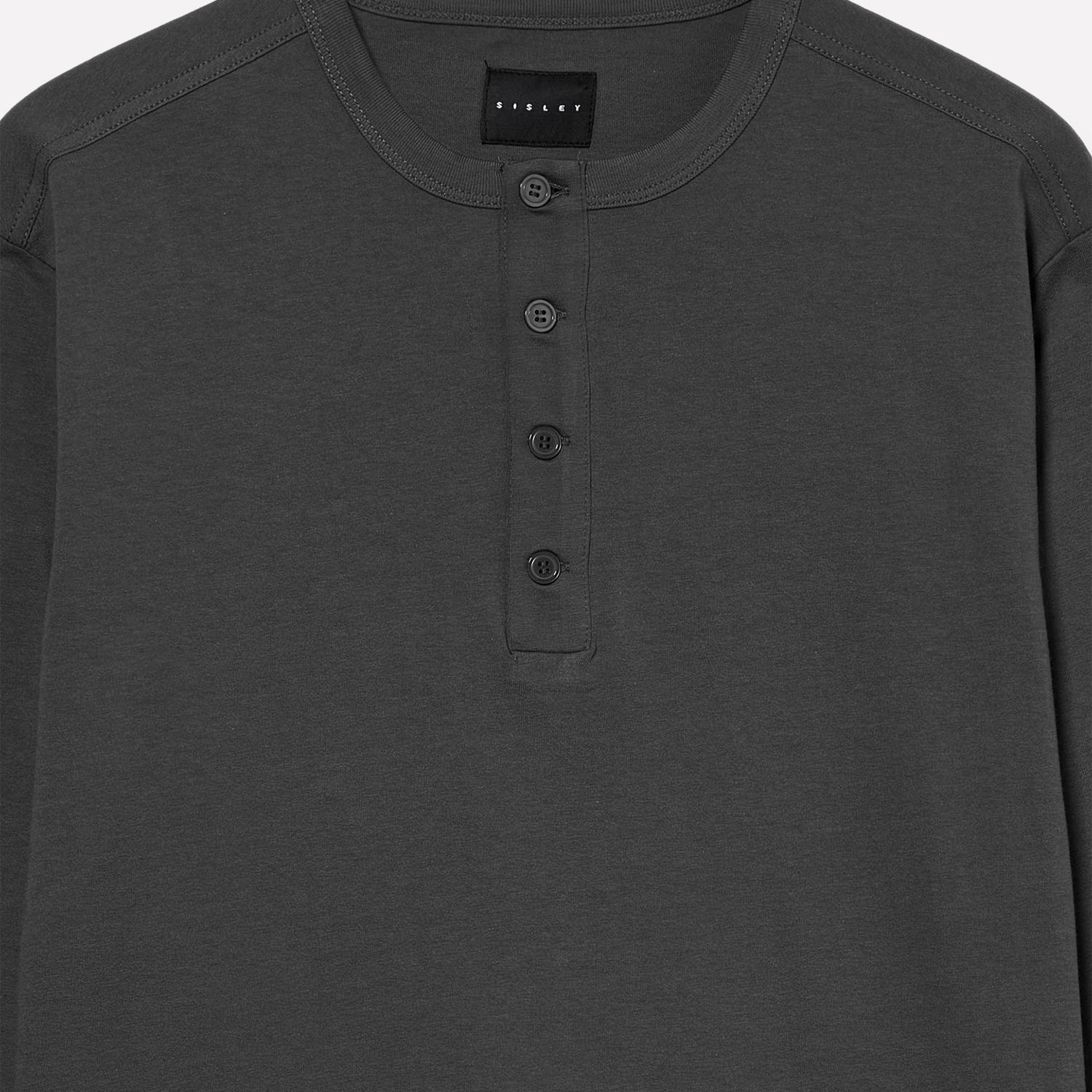 Erkek Siyah %100 Pamuk Regular Fit Henley Yaka Uzun Kollu T-Shirt
