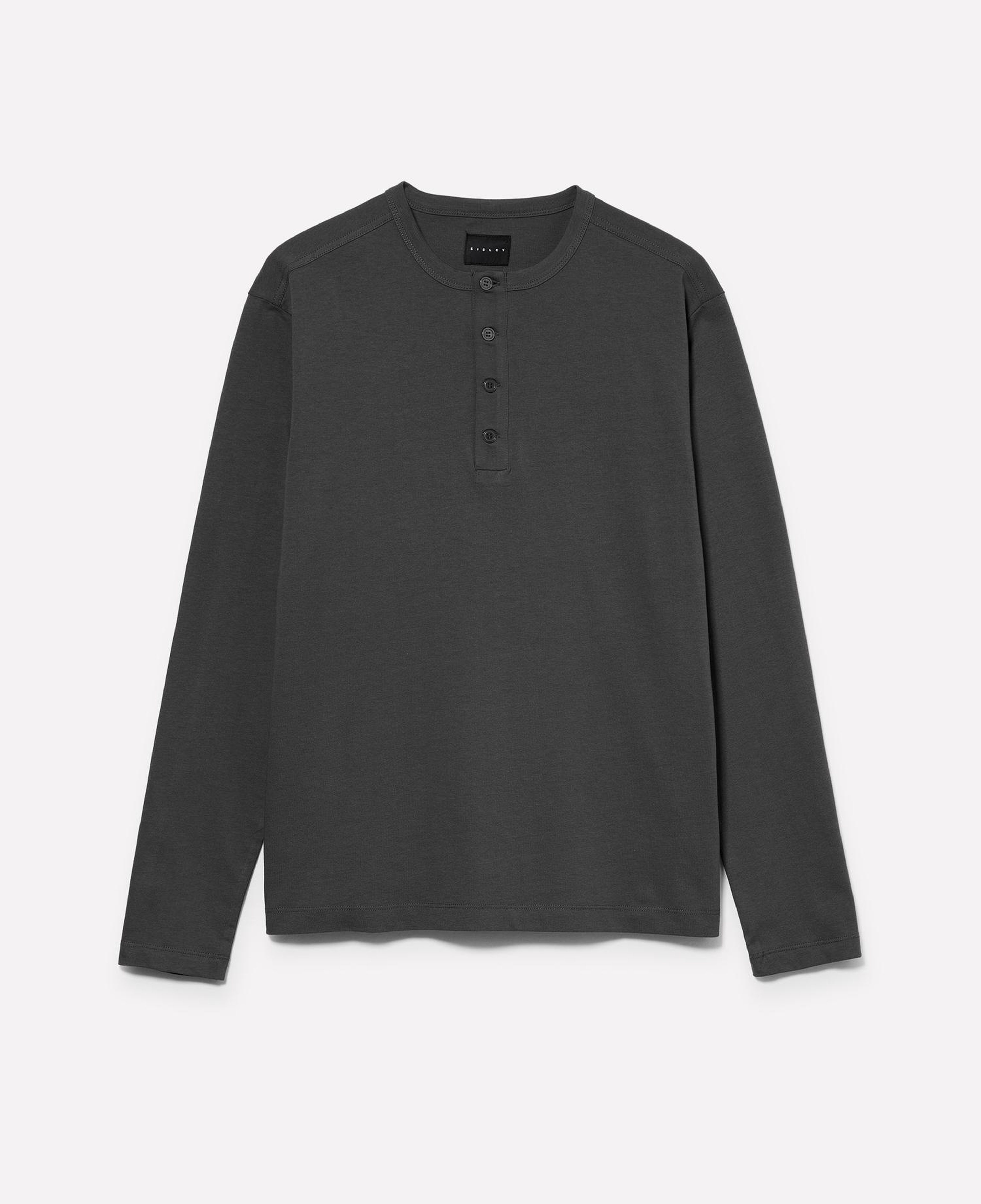 Erkek Siyah %100 Pamuk Regular Fit Henley Yaka Uzun Kollu T-Shirt
