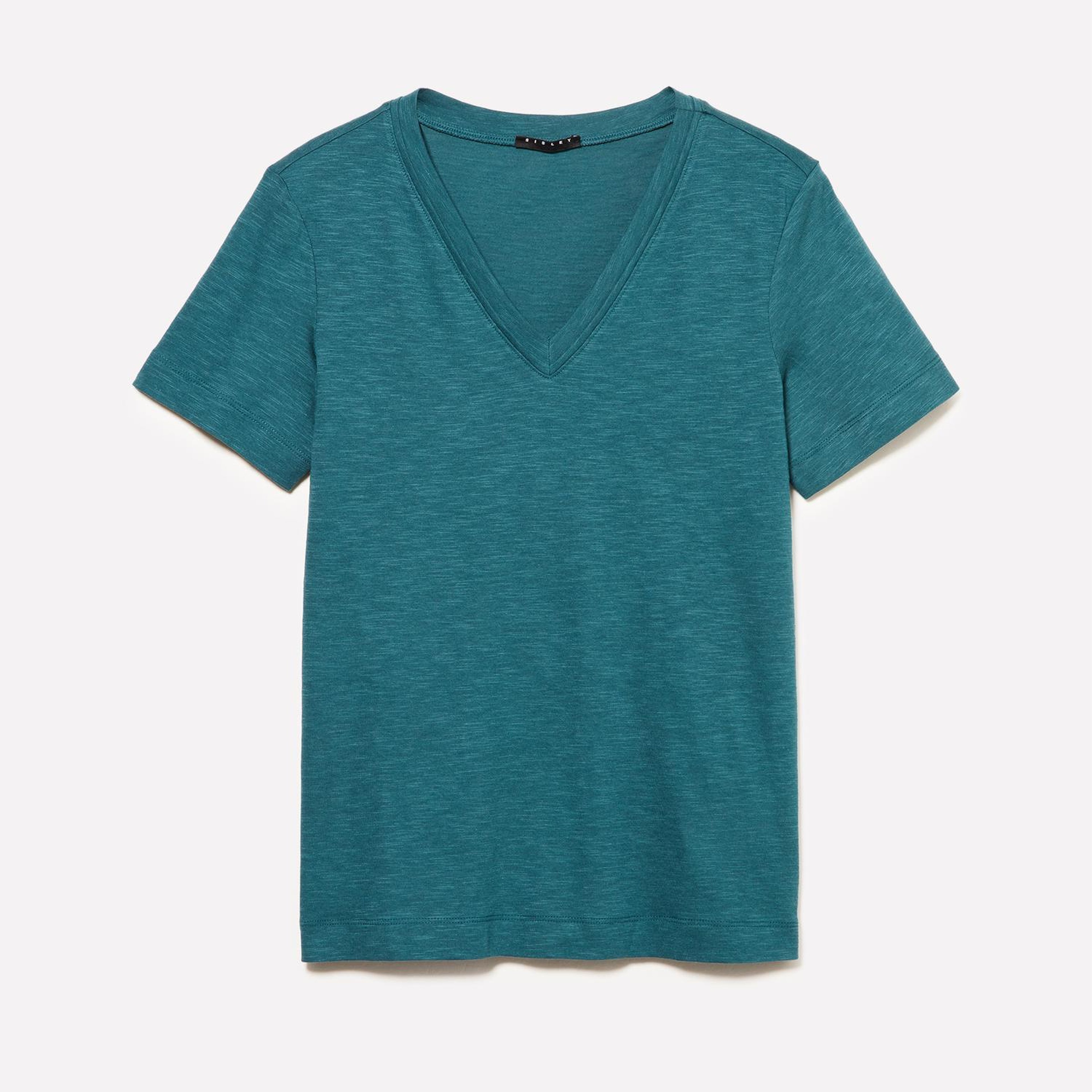 Kadın Petrol Yeşili Pamuk ve Modal Karışımlı V Yaka T-Shirt