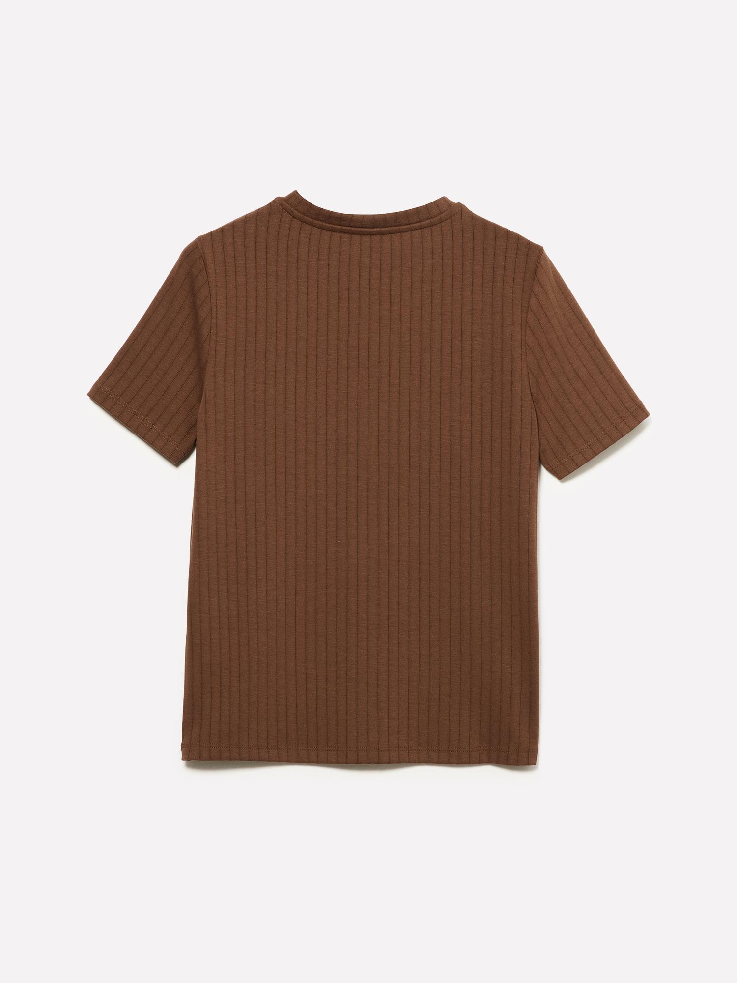 Kadın Kahverengi Viskoz Karışımlı Yatay Çizgili Bisiklet Yaka T-Shirt
