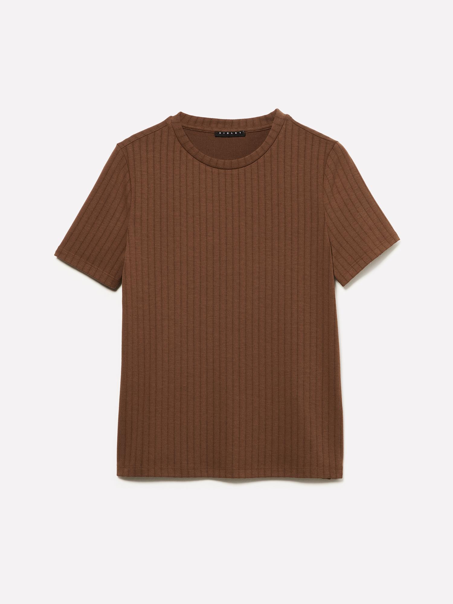 Kadın Kahverengi Viskoz Karışımlı Yatay Çizgili Bisiklet Yaka T-Shirt