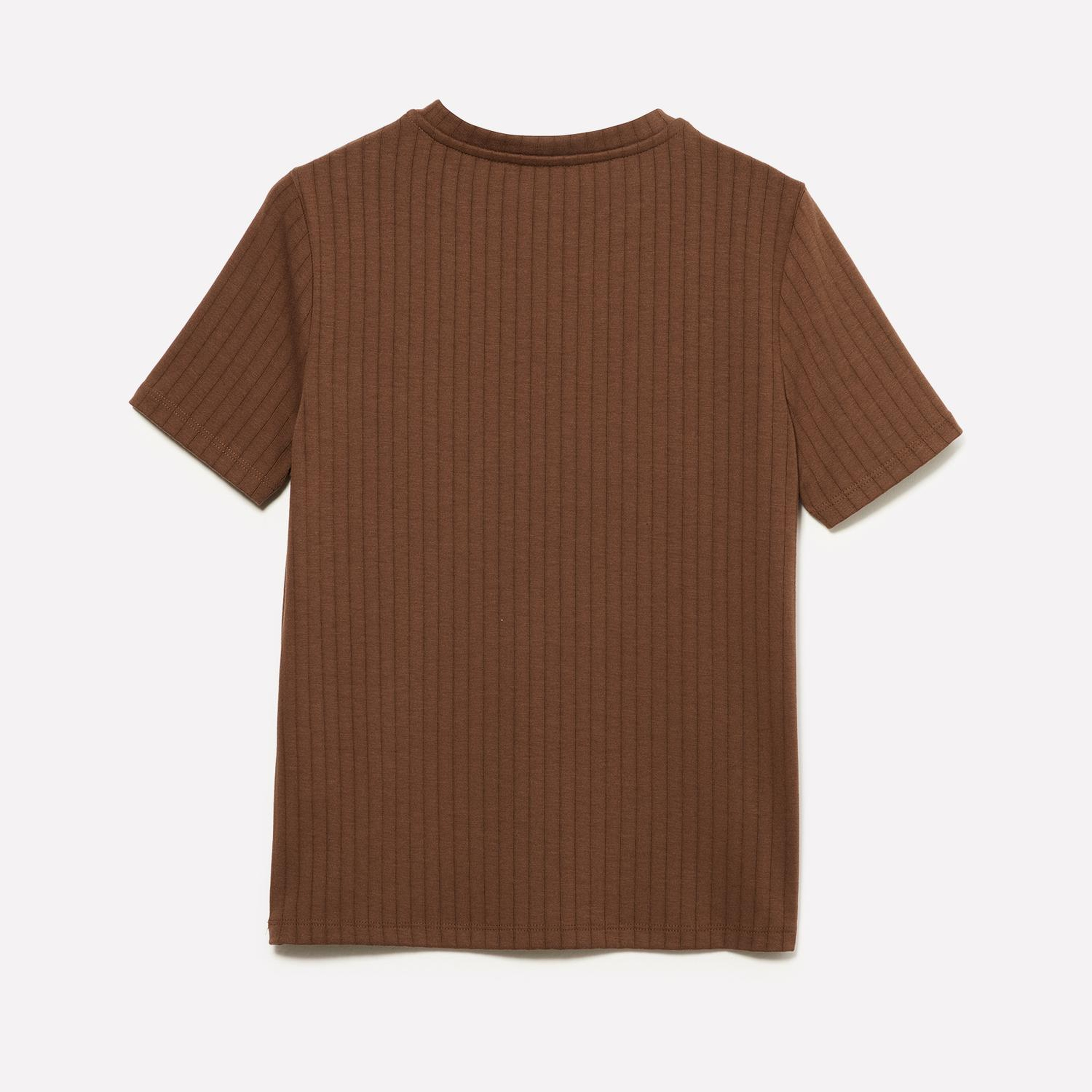 Kadın Kahverengi Viskoz Karışımlı Yatay Çizgili Bisiklet Yaka T-Shirt