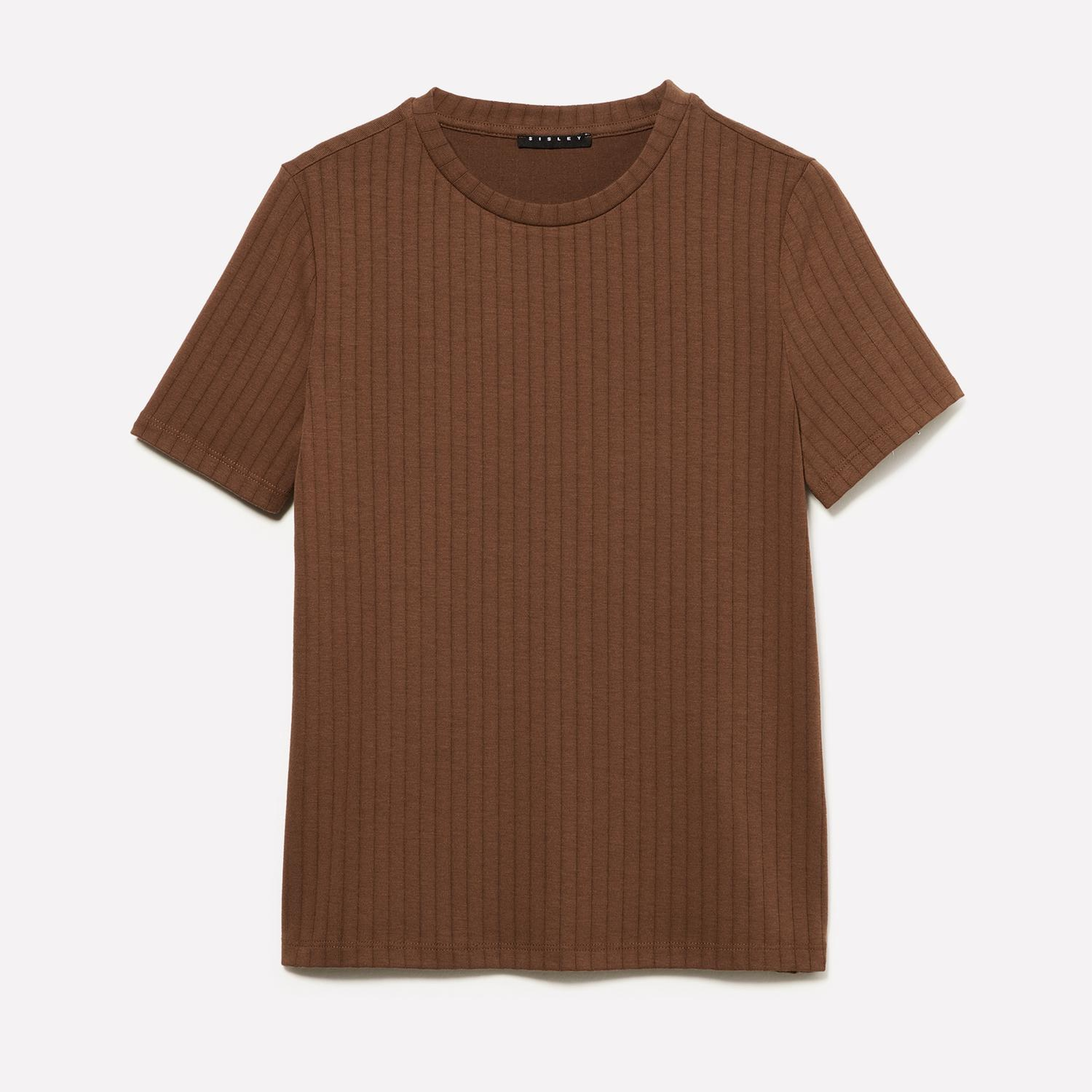 Kadın Kahverengi Viskoz Karışımlı Yatay Çizgili Bisiklet Yaka T-Shirt