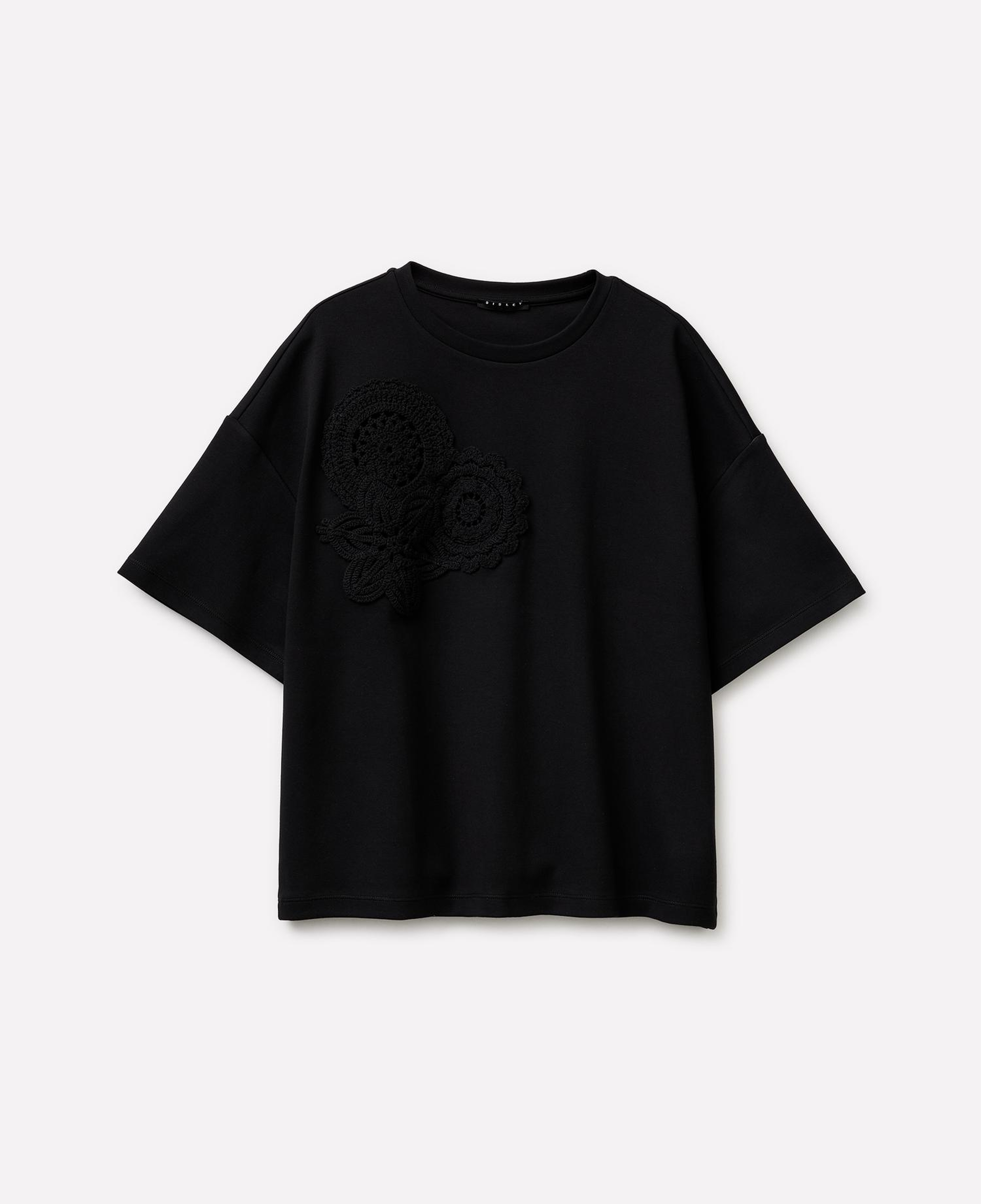 Kadın Siyah Pamuk Karışımlı Yama Detaylı Bisiklet Yaka T-Shirt